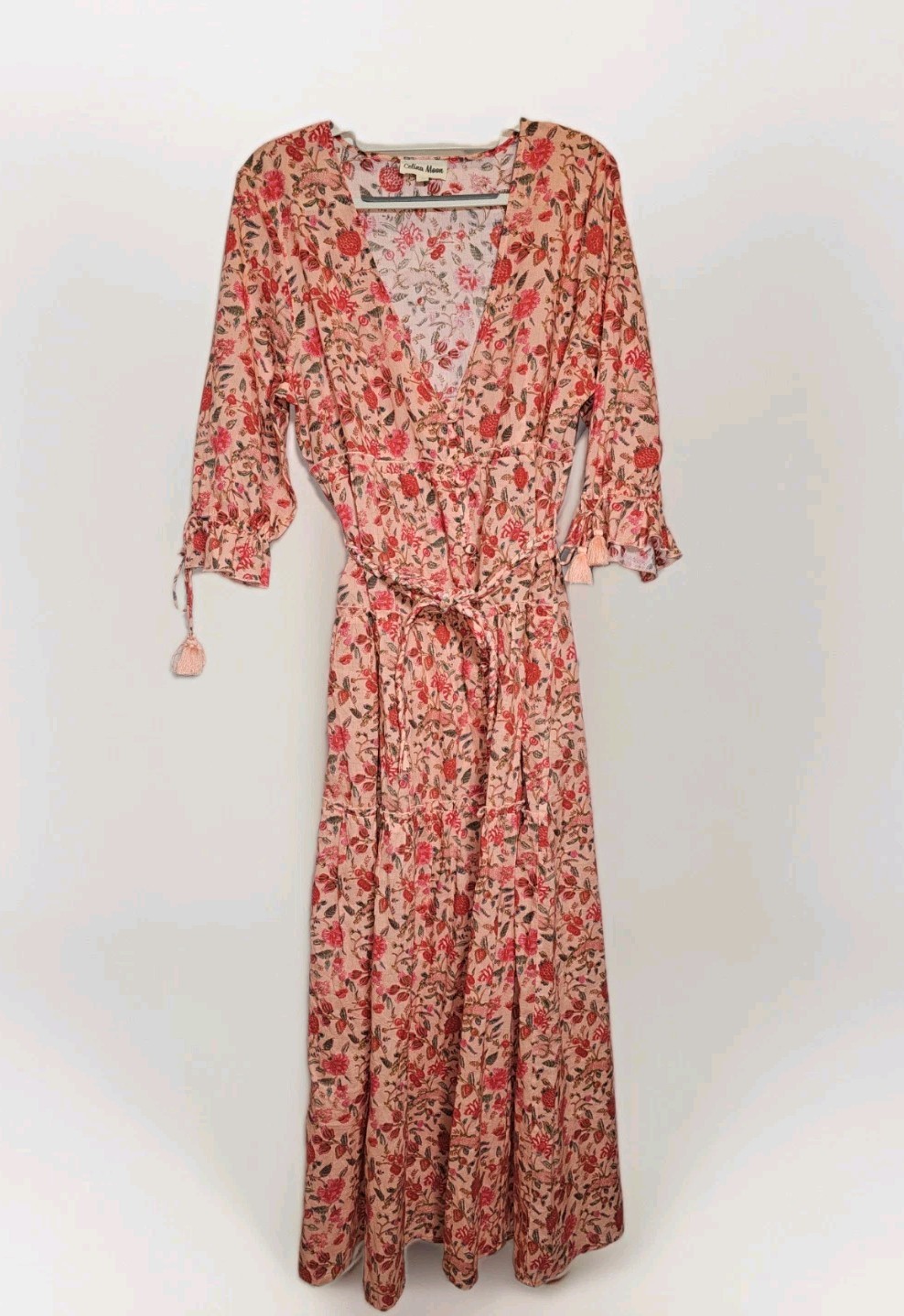Celina Moon Floral Tiered Maxi Dress Pink V-Neck Tassel Short Sleeve Large