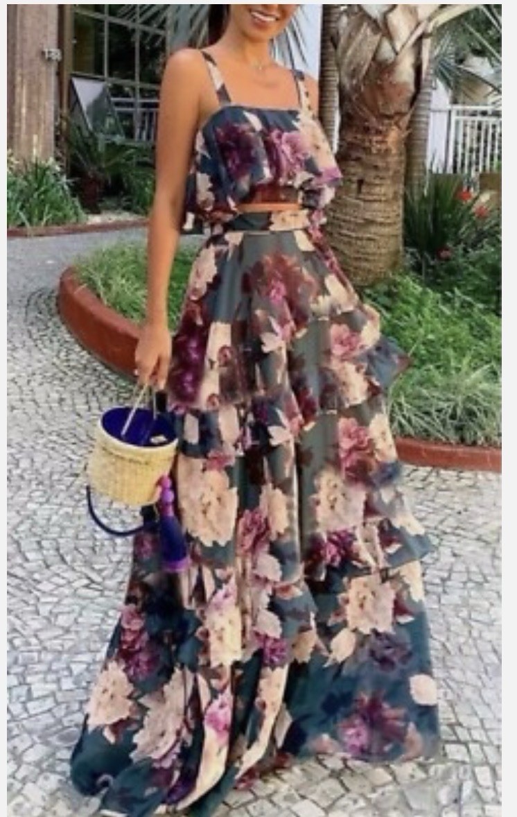Womens Floral Party Dress Maxi Long Skirt Crop Top 2Piece Set- Size L