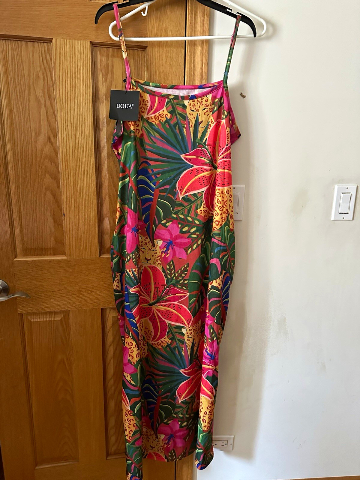 UOUA Multicolor Tropical Floral Scoop Neck Strappy Midi Dress Stretch L