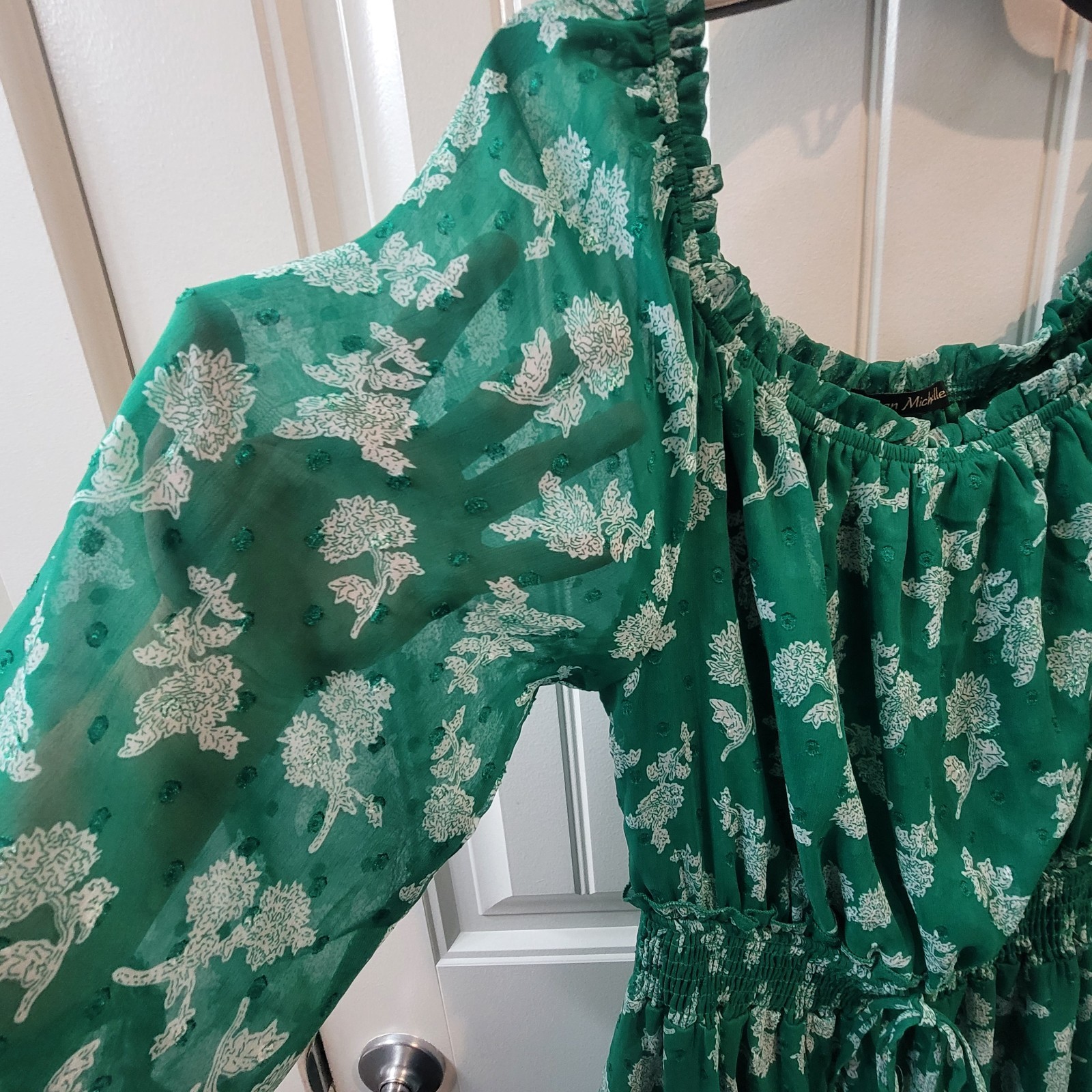 Ryan Michelle Green Midi Floral Peasant Dress, Tiered, Boho, Cottagecore Small