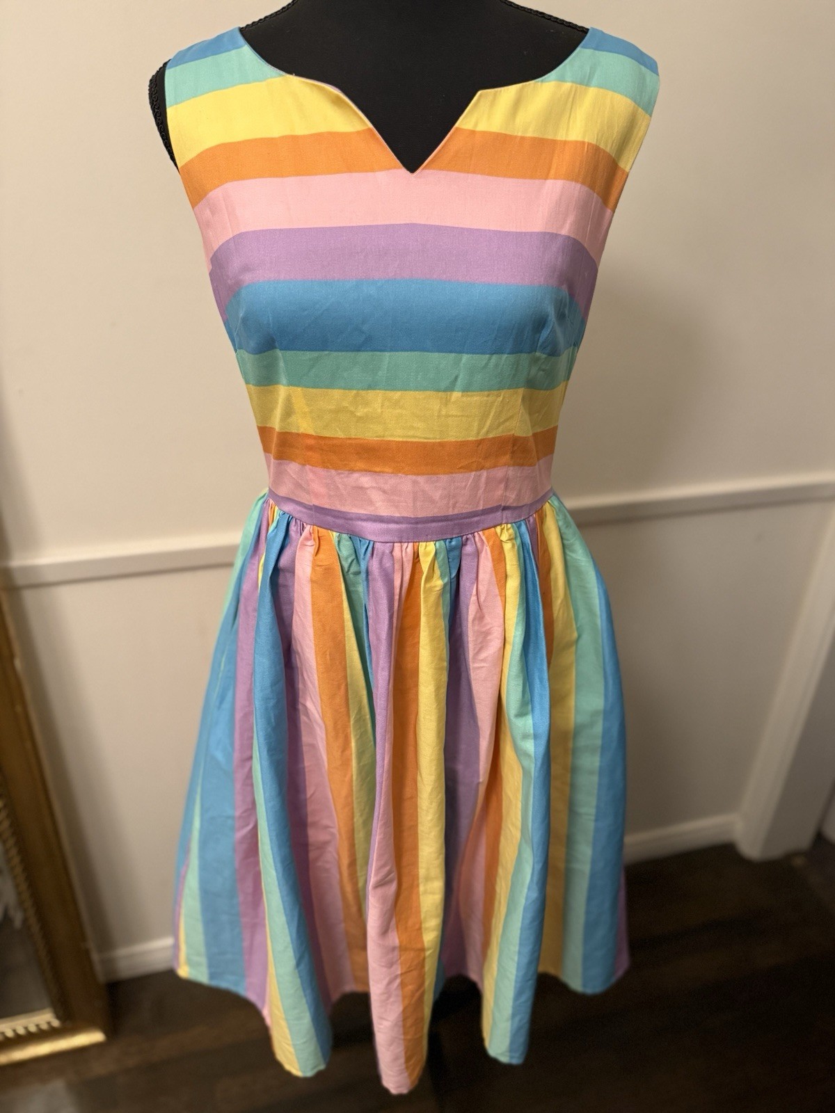 ModCloth X Collectif Rainbow Stripe Dress M Retro Rockabilly Pastel Swing Dress