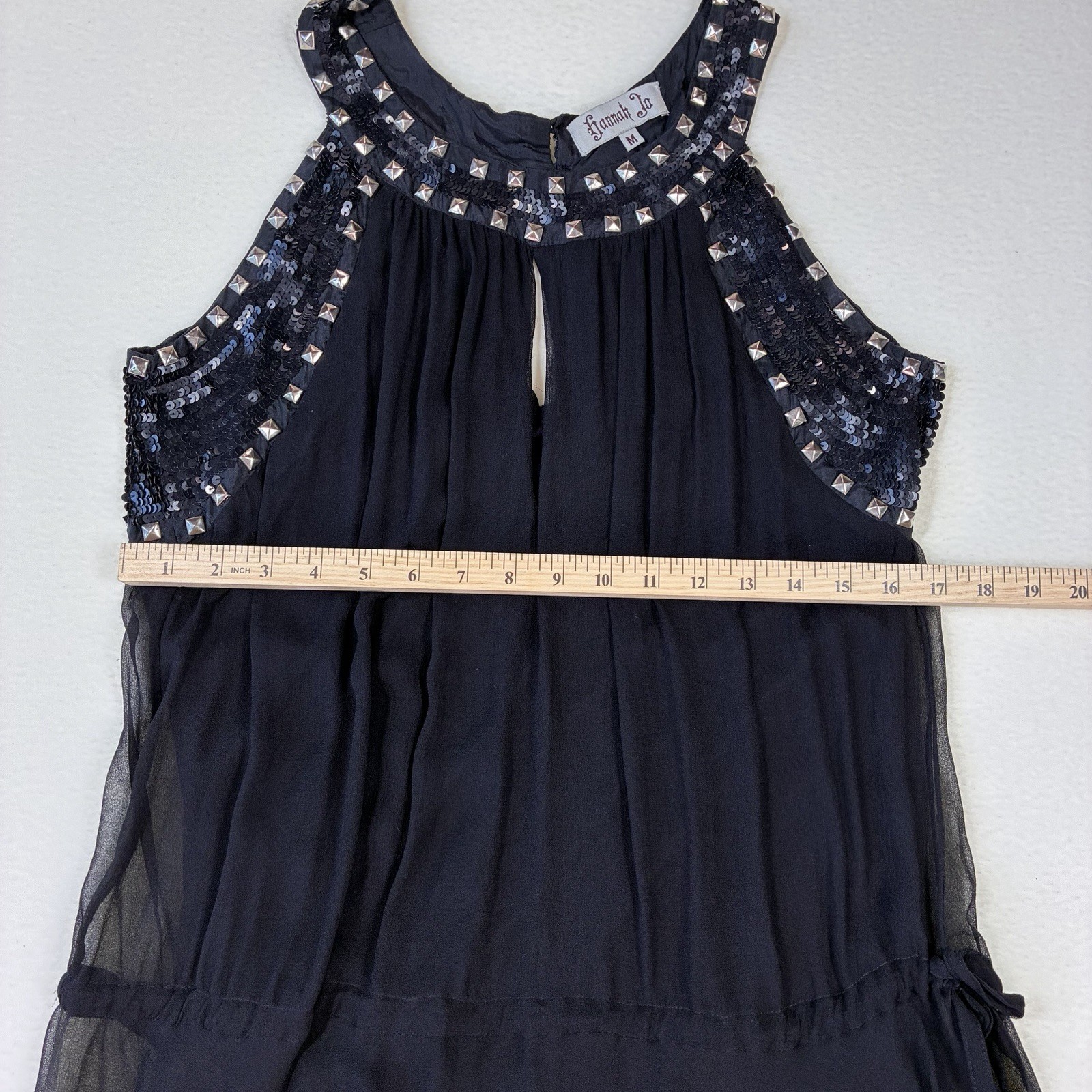 Hannah Jo Silk Mini Dress Size M Black Studded Sequin Embellished Keyhole Grunge