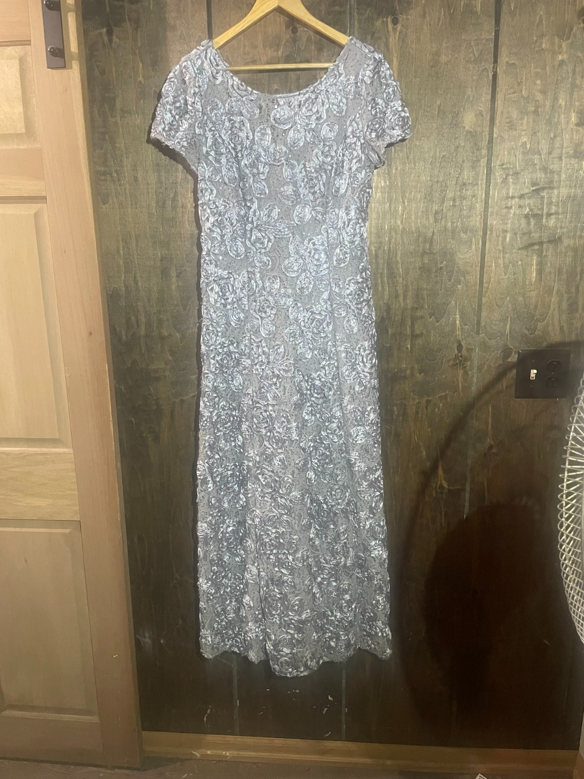 Alex Evenings Silver Floral Rosette Sequin Lace Maxi Dress Sz 12