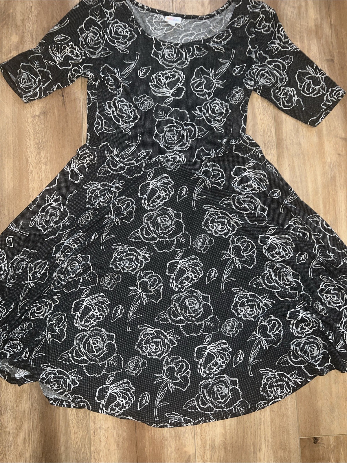 Lularoe Nicole Dress Black White Dots Tattoo Roses 2XL 22/24 20/22 2X Vintage ❤️