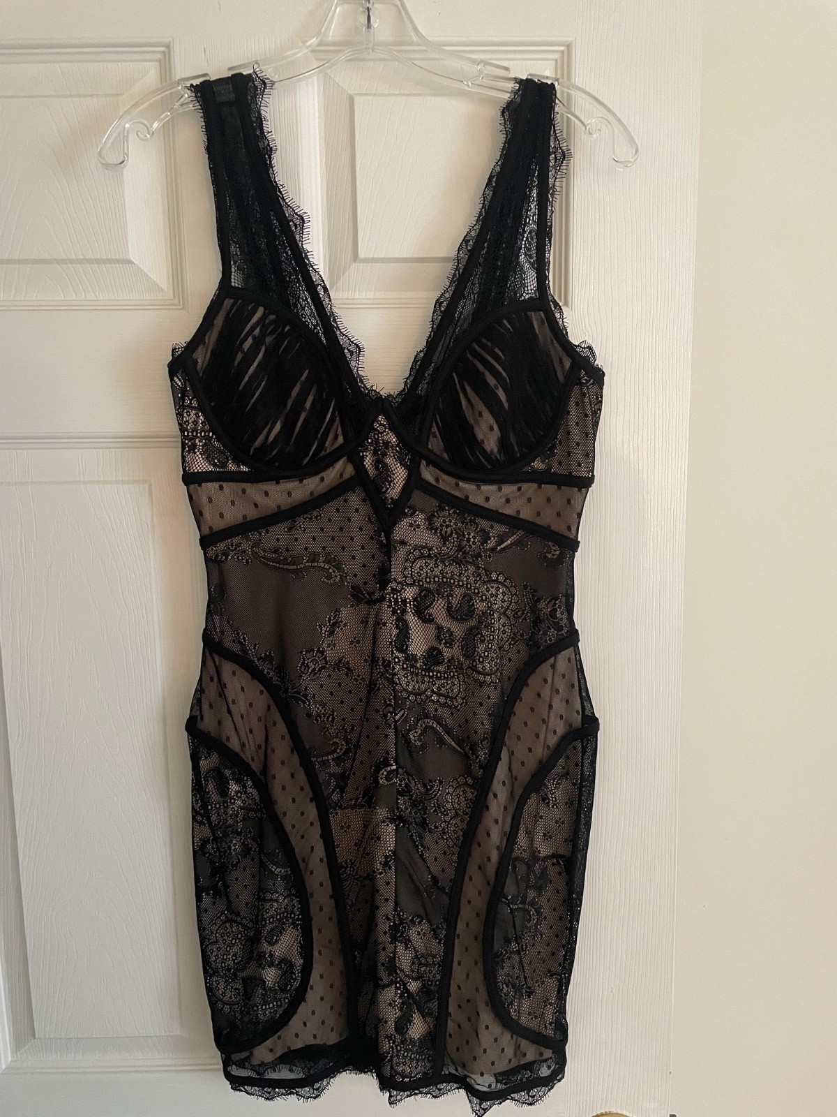 Bebe Womens Black Cocktail Dress Sheer Mesh Long Sleeve Bodycon Mini EUC Size M