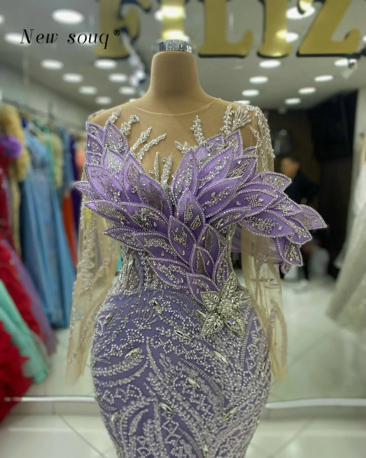 Lilac Purple Mermaid Evening Dresses Long Sleeves Crystals Beaded Party Gowns
