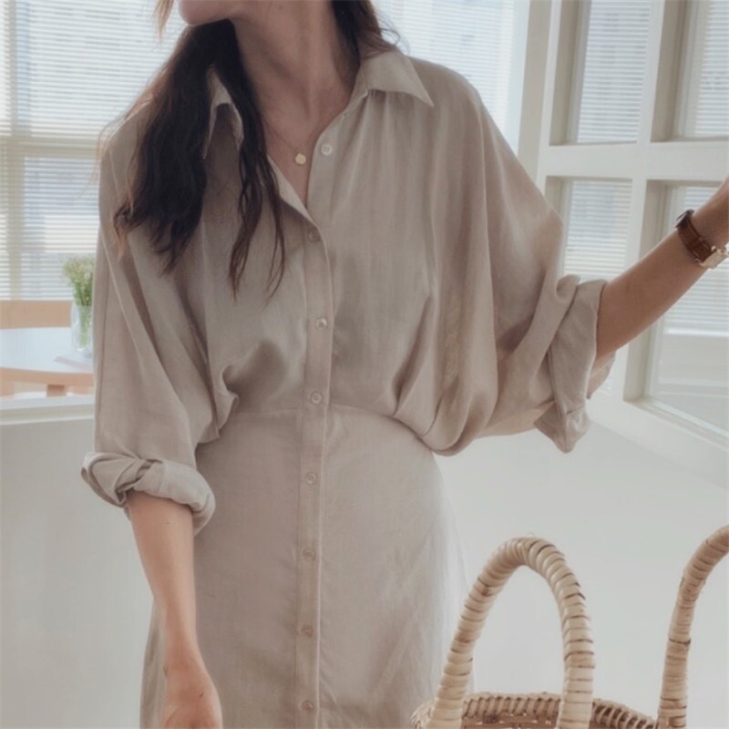 Lady Linen Cotton Dress Midi Long Shirt Blouse Belt Button Tunic Casual Solid