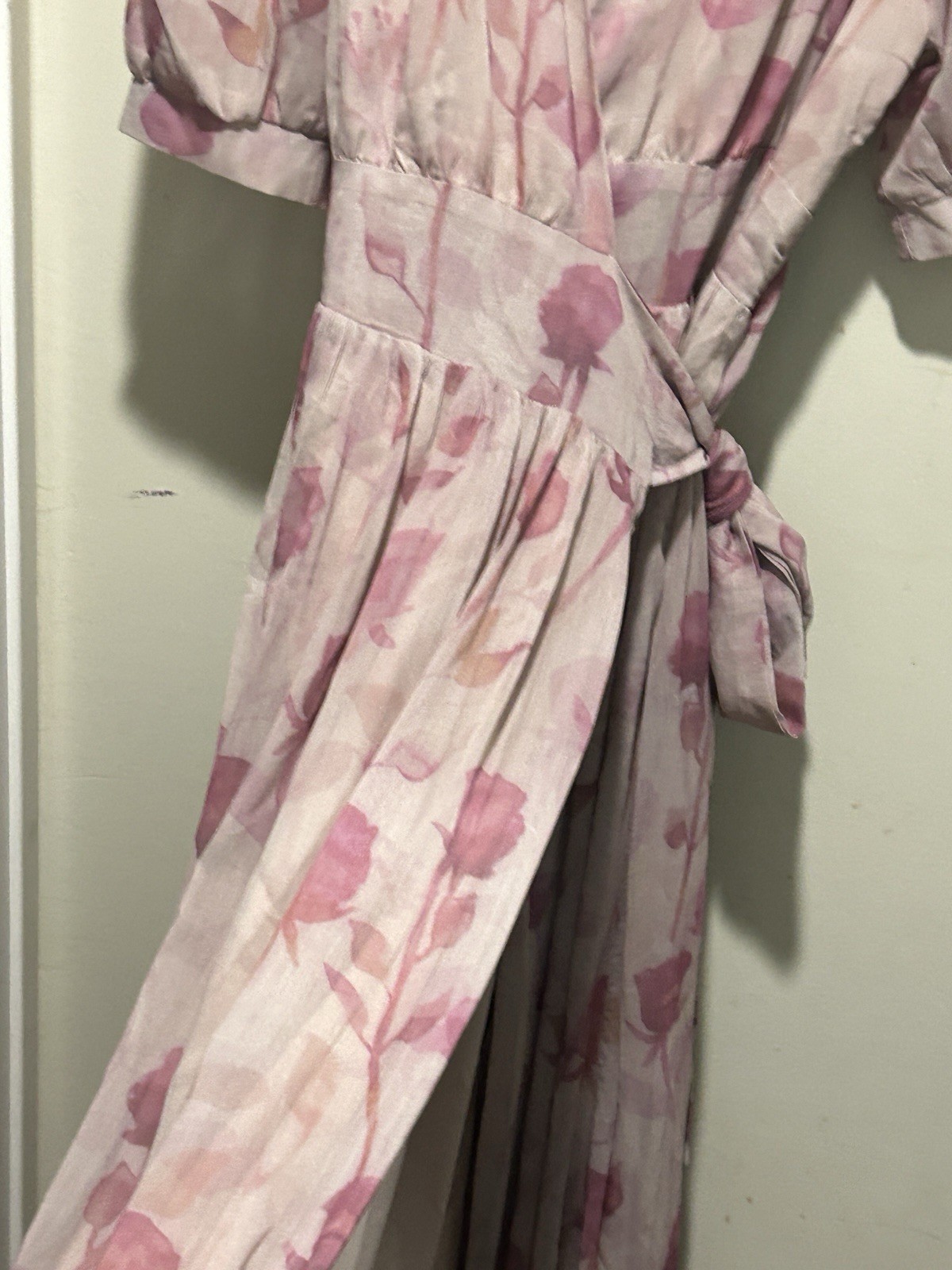 Pink Floral Wrap Dress Small Romantic Flowy Ankle Length Balloon Sleeves By Dazy