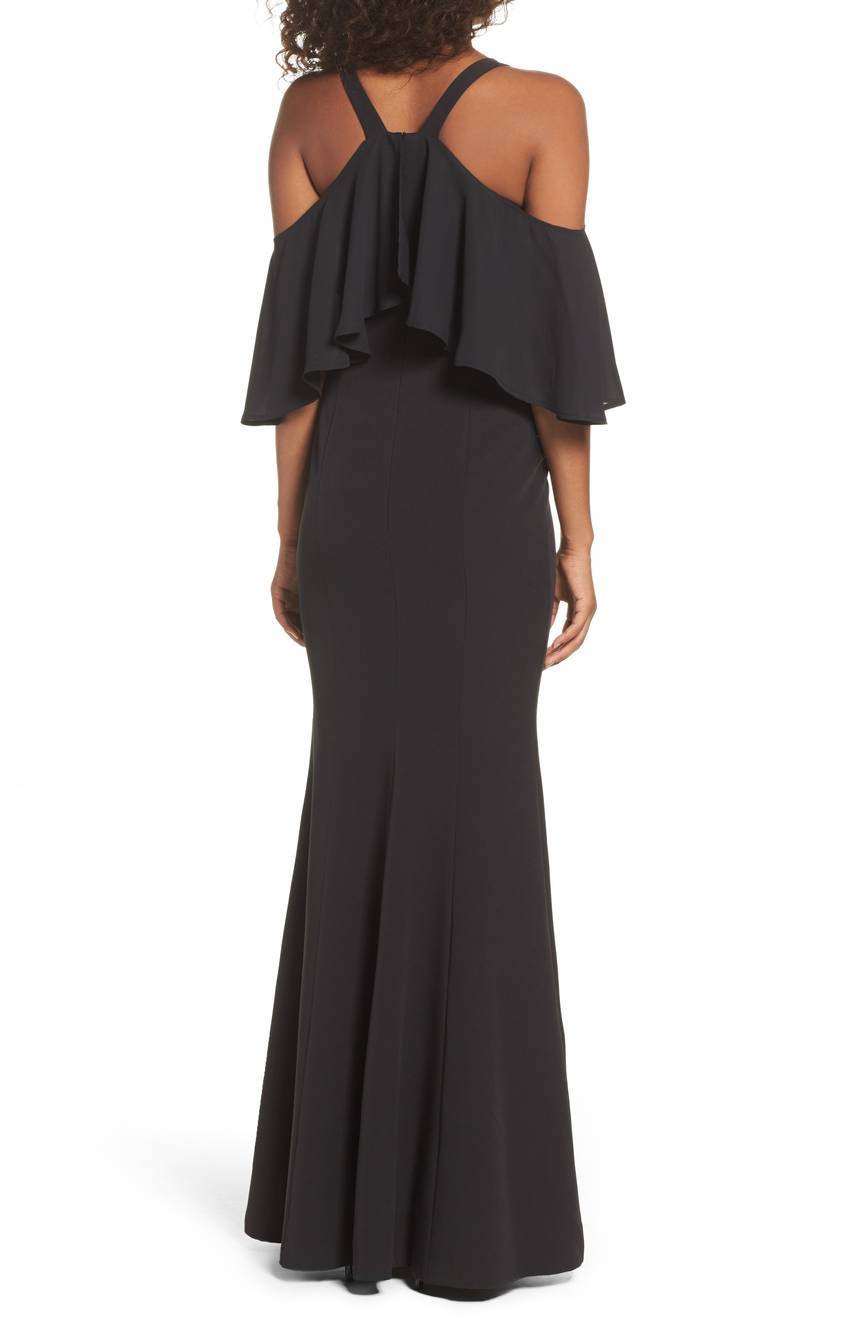 JAY GODFREY Black Flutter Chiffon Overlay Cold Shoulder Maxi Gown Dress 6 US S