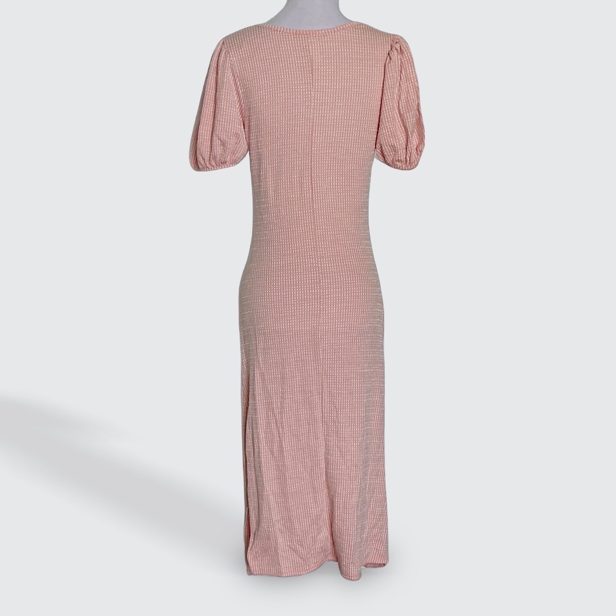Caution To The Wind Peach Gingham Textured Maxi Dress Puff Sleeve Side Slit