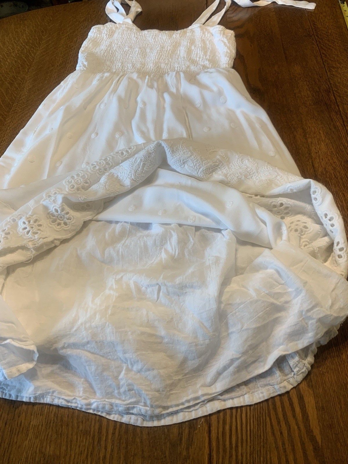 White summer long cotton eyelet dress tie sleeveless scalloped design edge Sm