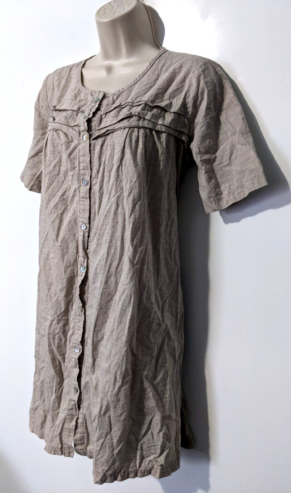 Eco Romantic Women’s Button Front Dress Flax Color Short Sleeve 100% Cotton EUC