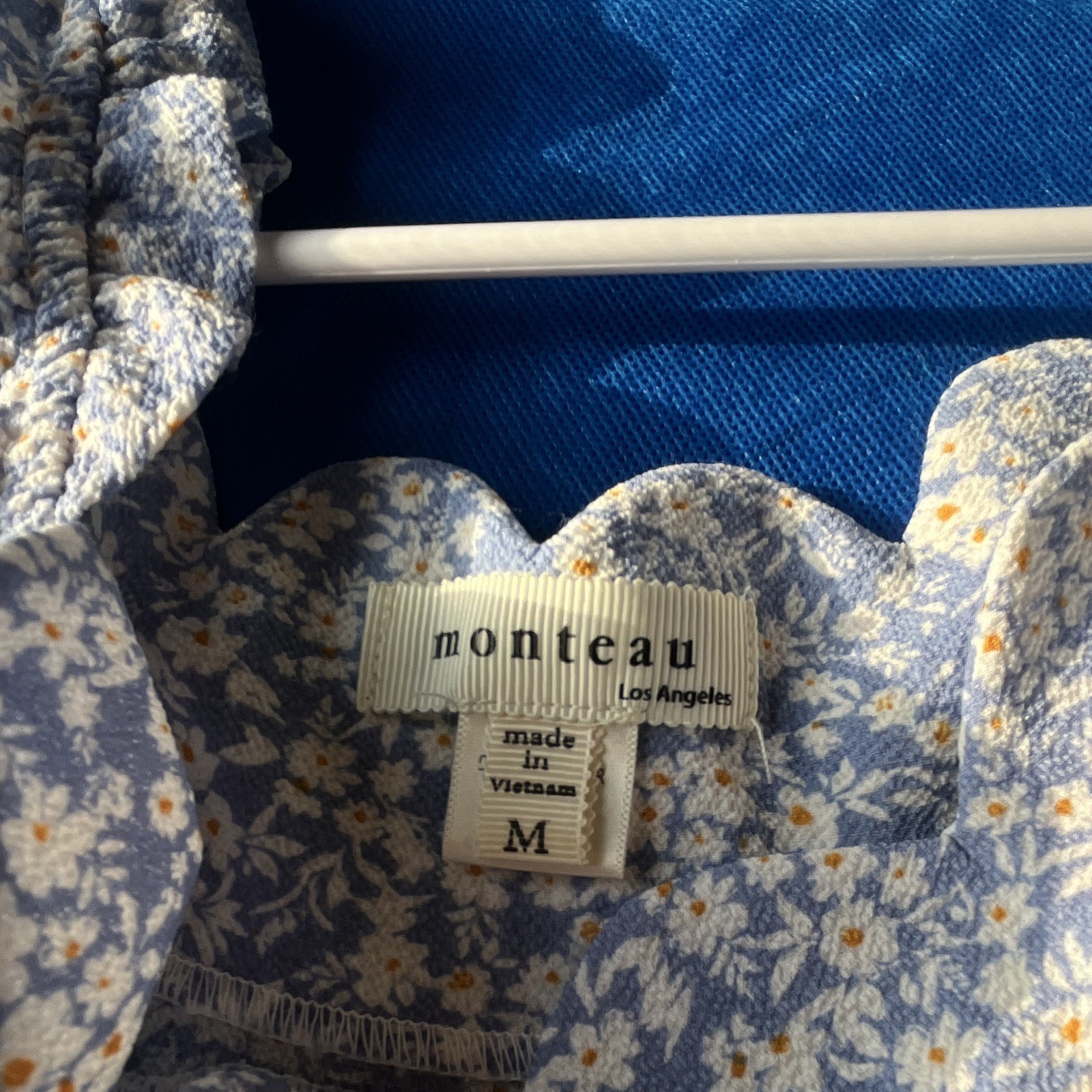 Monteau Blue White Floral Smocked Puff Sleeve Midi Dress Square Neck Cotton M