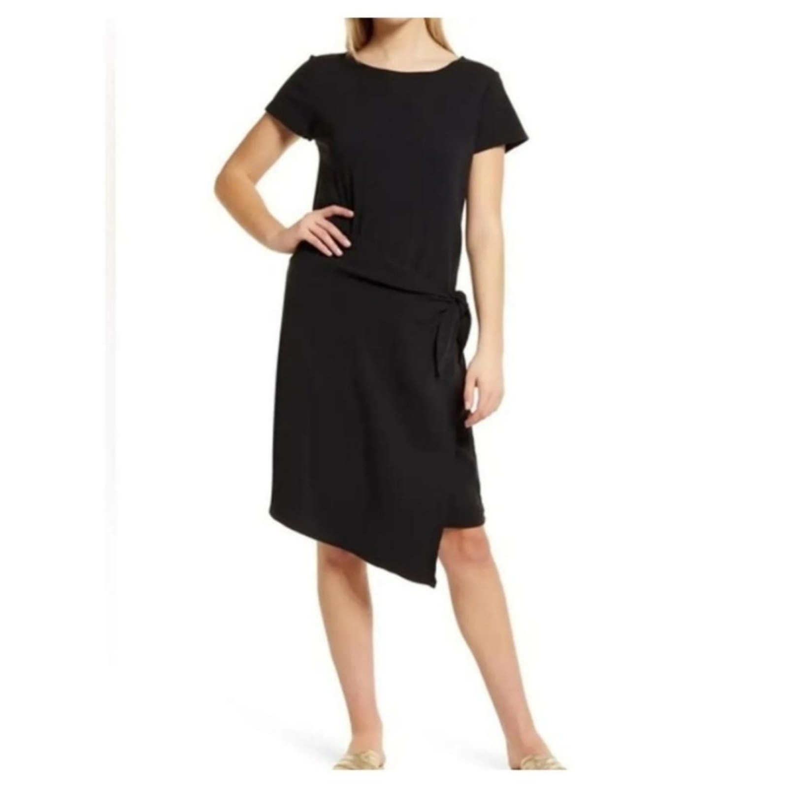New Caslon Stretch Rib Cotton Tie Sarong Wrap Midi Dress in Black Asymmetric S