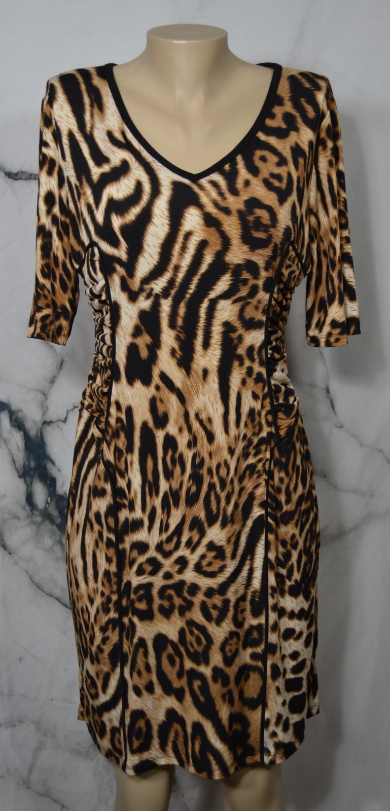 MSK Black Brown Beige Animal Print Dress Large Short Sleeves Ruched Waist