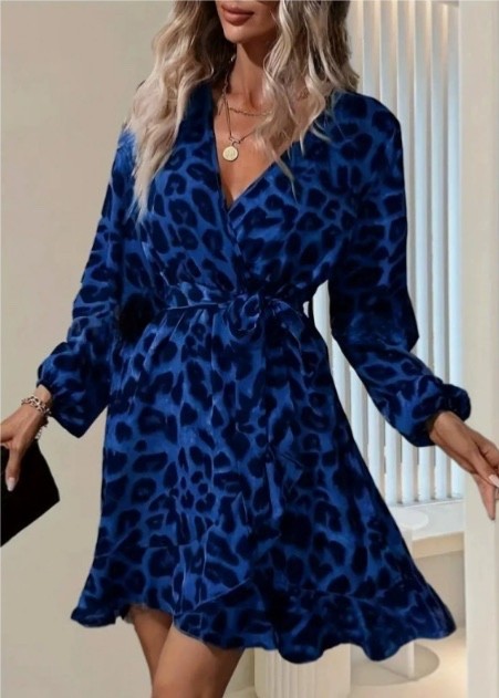 Fashion Leopard Print Dress Women’s Elegant Deep V-neck Long Sleeve Belt Midi Dr