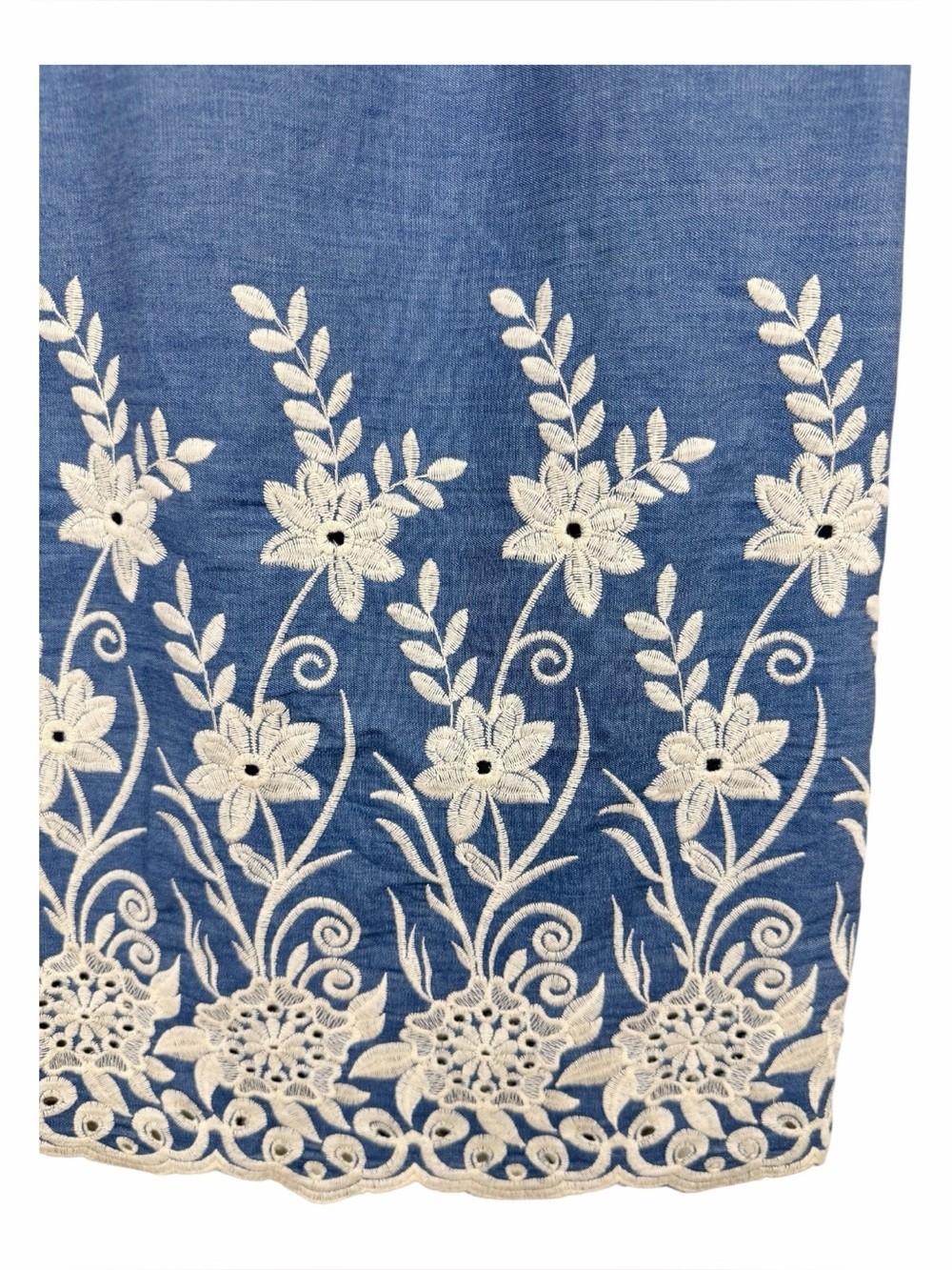 Etcetera NWT Blue Embroidered Denim-like Shirt Dress with White Floral Trim.