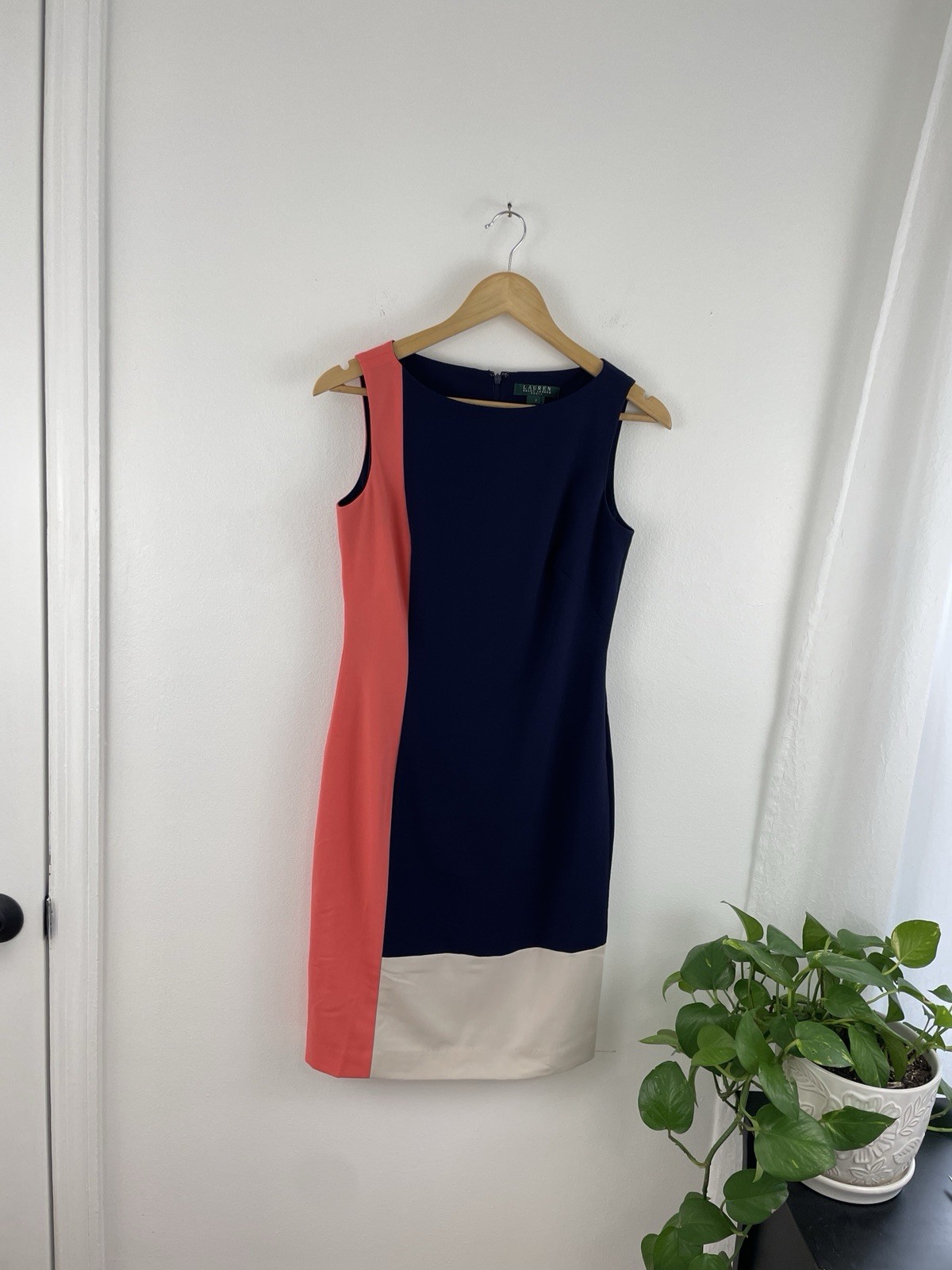 Ralph Lauren 2 Navy Pink White Sleeveless Sheath Dress Women’s 2 Knee Length