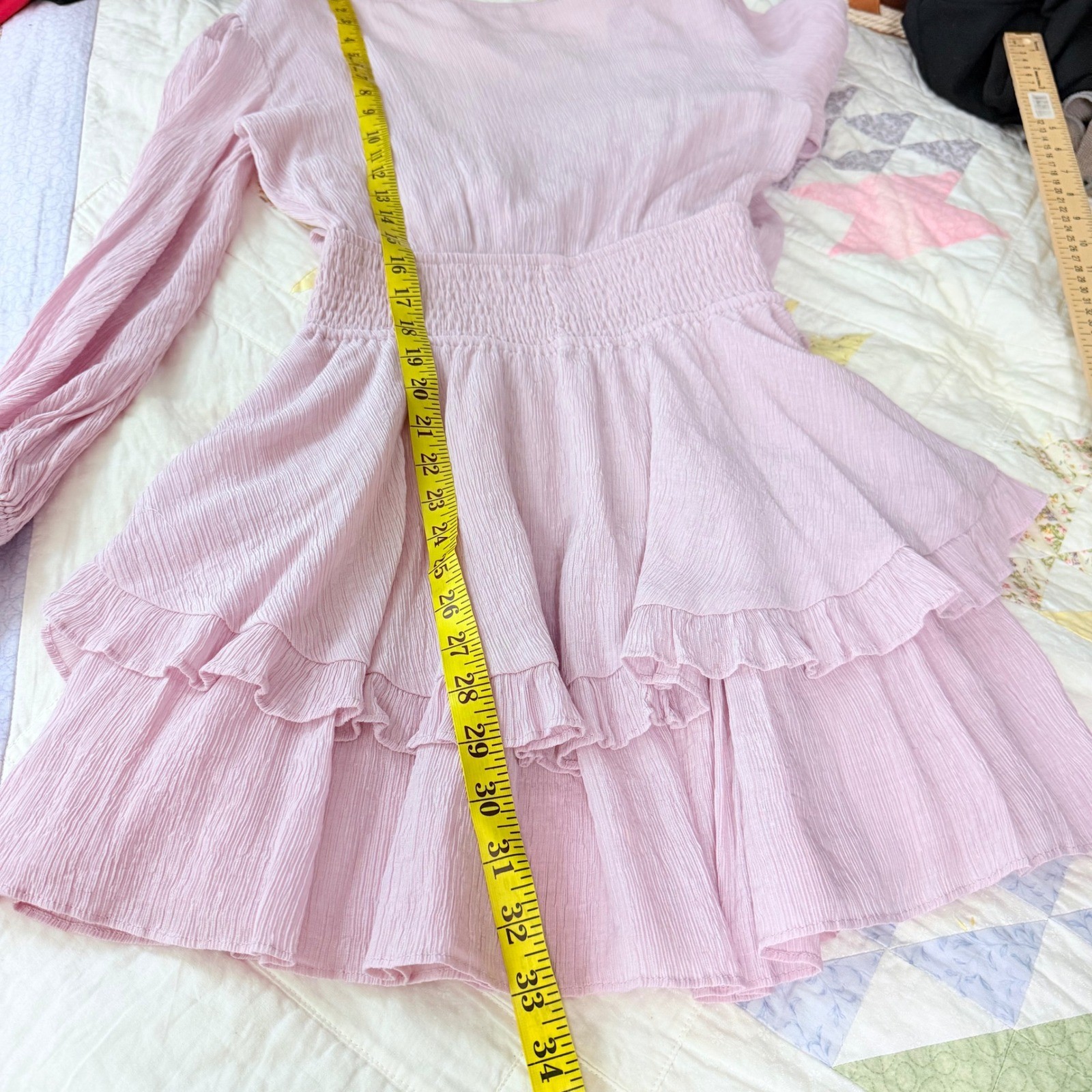Saints + Secrets Pink Crinkle Ruffle Mini Dress Tie Front Smocked Waist Womens S