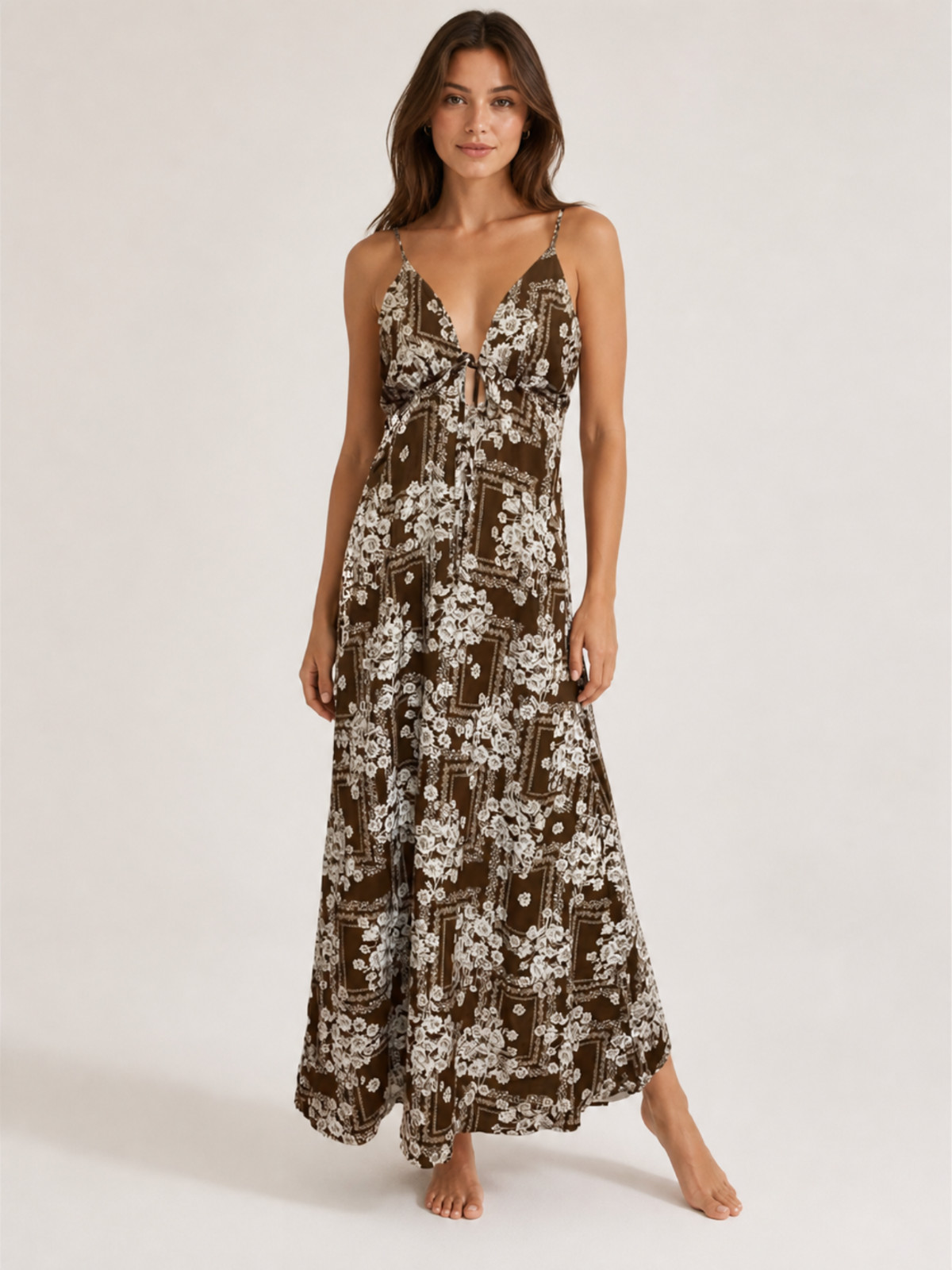 Paper Heart Anthropologie Brown Floral Open Back Maxi Dress L