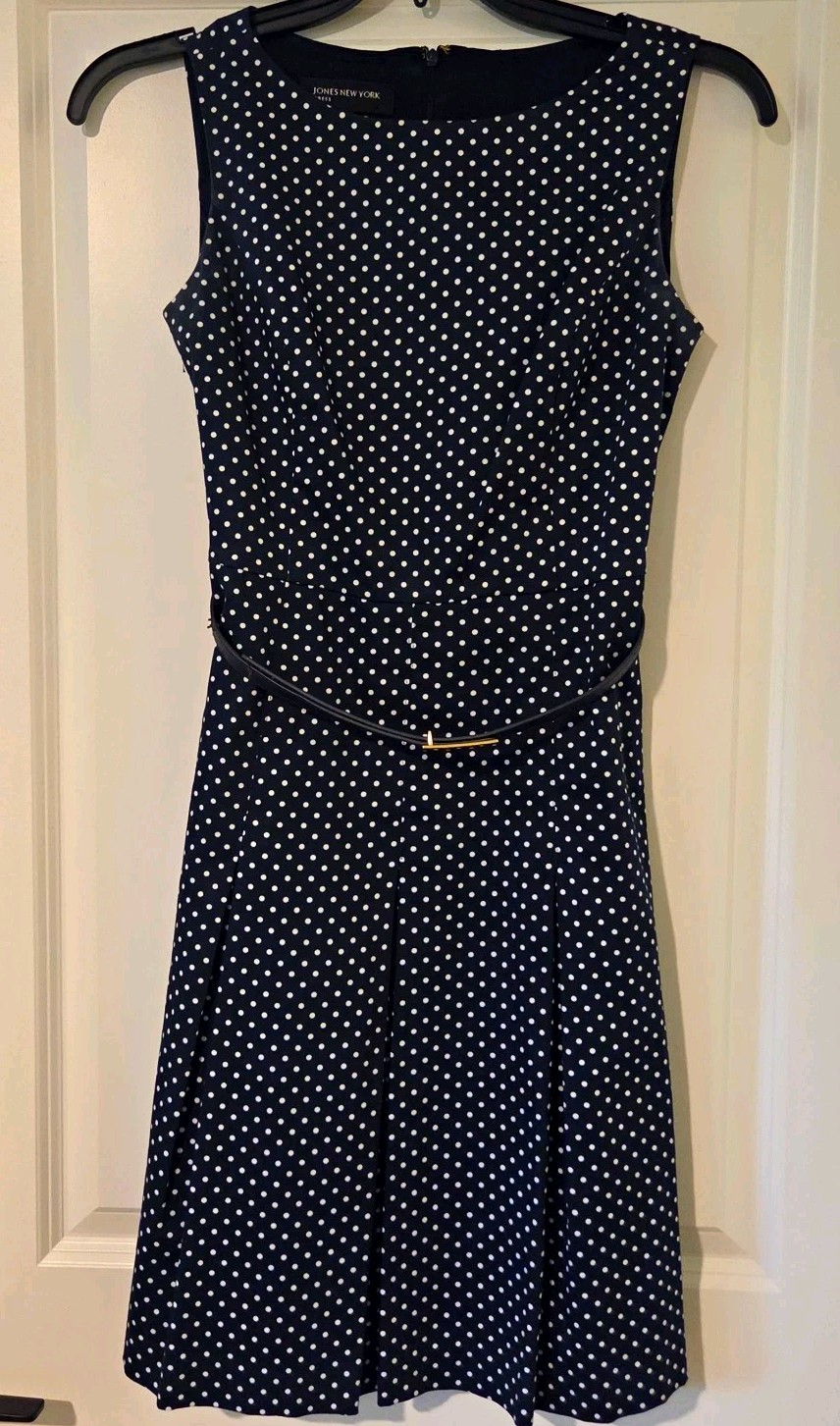Jones New York Navy White Polka Dot Fit & Flare Belted POCKETED Dress 4 QUALITY!