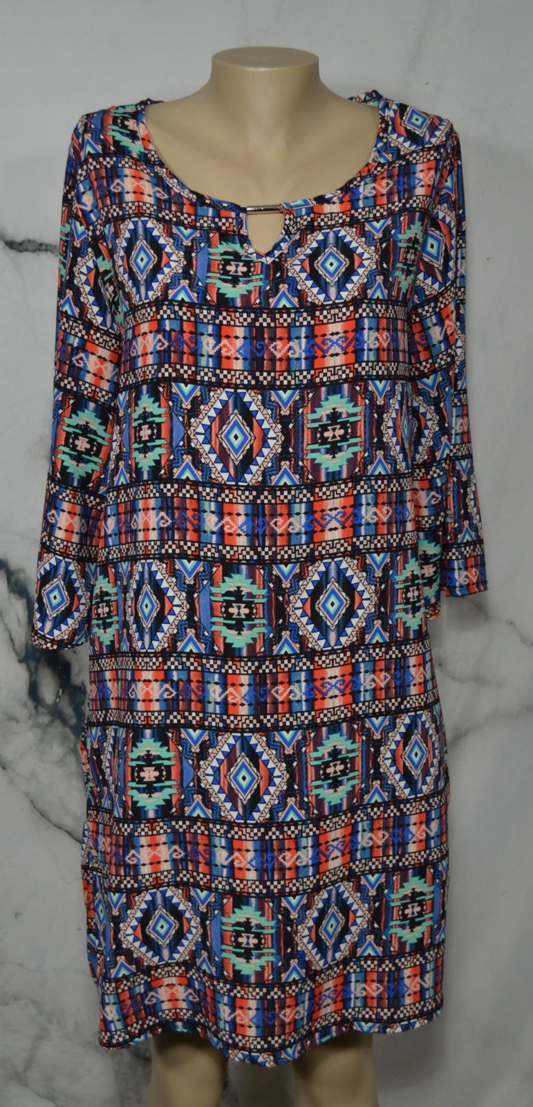 ESPRESSO Black Multicolor Patterned Dress Medium 3/4 Flared Sleeve Metal Accent