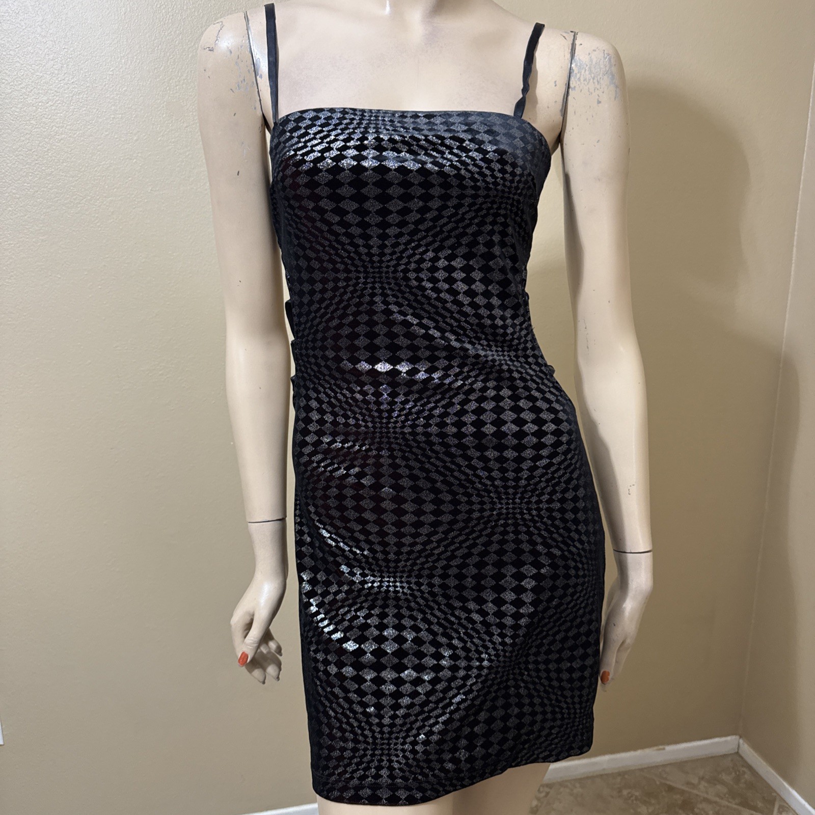 Women’s Black Polyester Cocktail Summer Open Stretch Slim Mini Size L Sundress