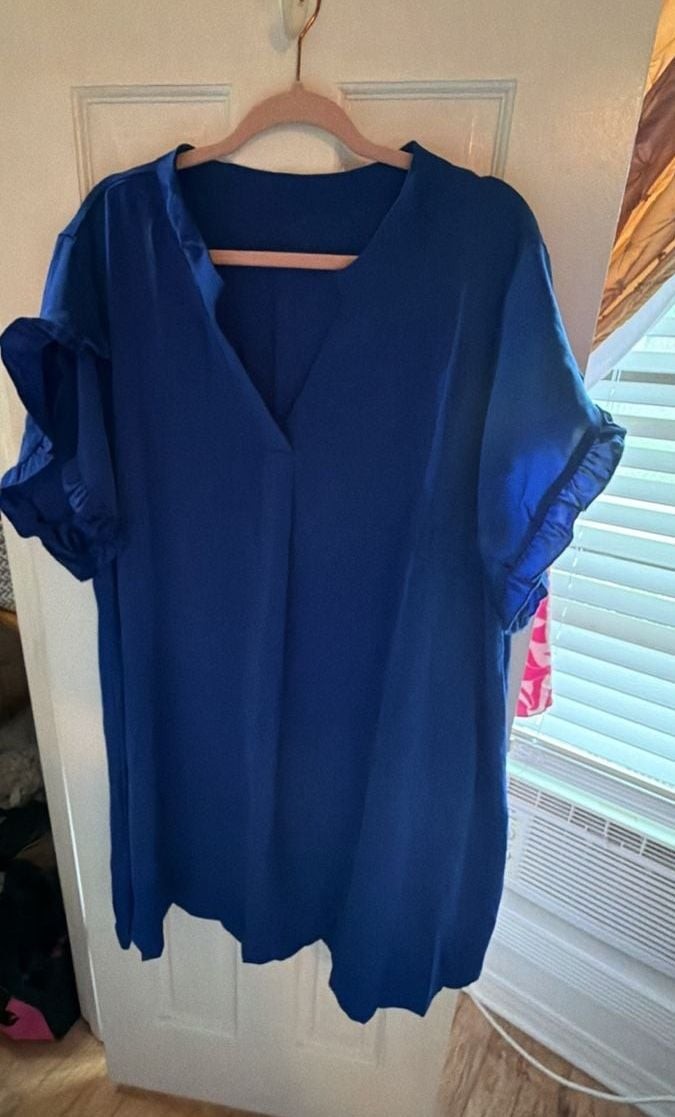 SHEIN Curve Royal Blue V-Neck Ruffle Sleeve Shift Mini Dress