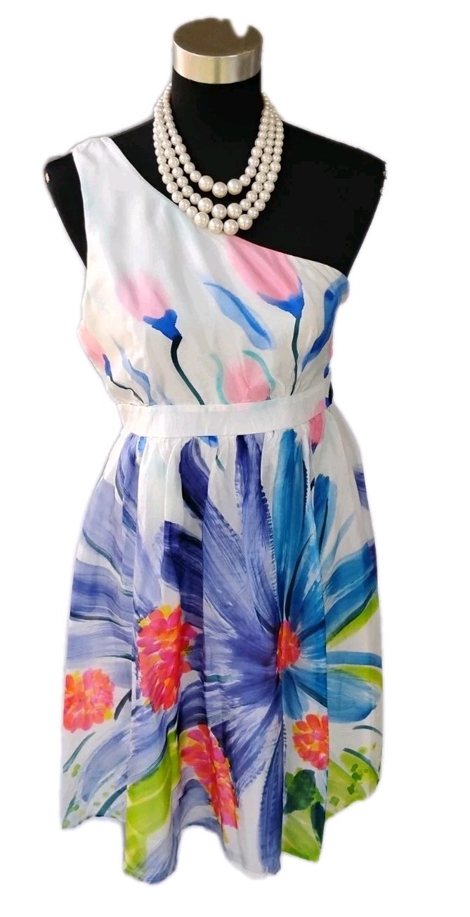 Lipsy London Dress S Fit Flare Silk One Shoulder Red White Blue Green Pink 4 6