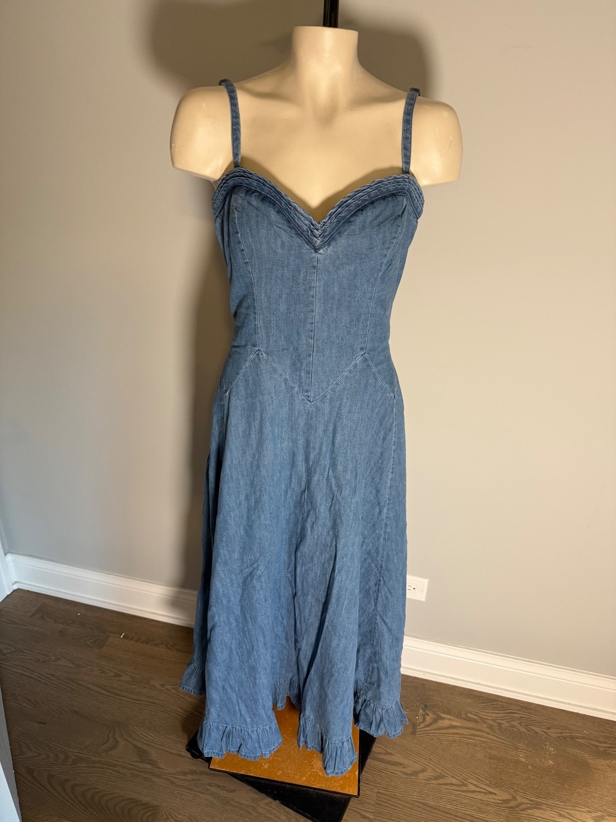 Free People Denim Midi Dress with Ruffle Hem and Adjustable Straps, Size XL