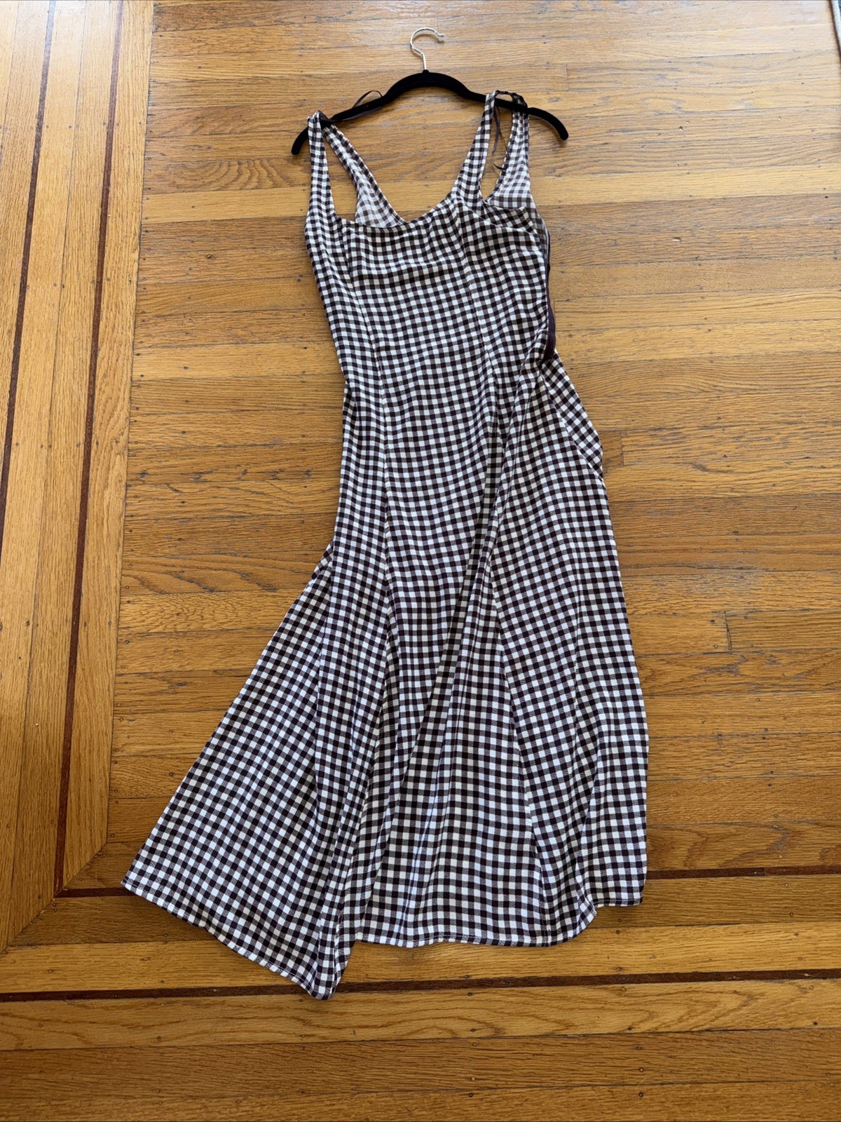 Zara Womens A-Line Gingham Midi Dress Brown Square Neck Sleeveless Zip Size s