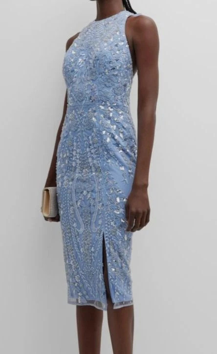 Dress The Population Blue Emme Floral Beaded Bodycon Midi Dress Size Medium $468