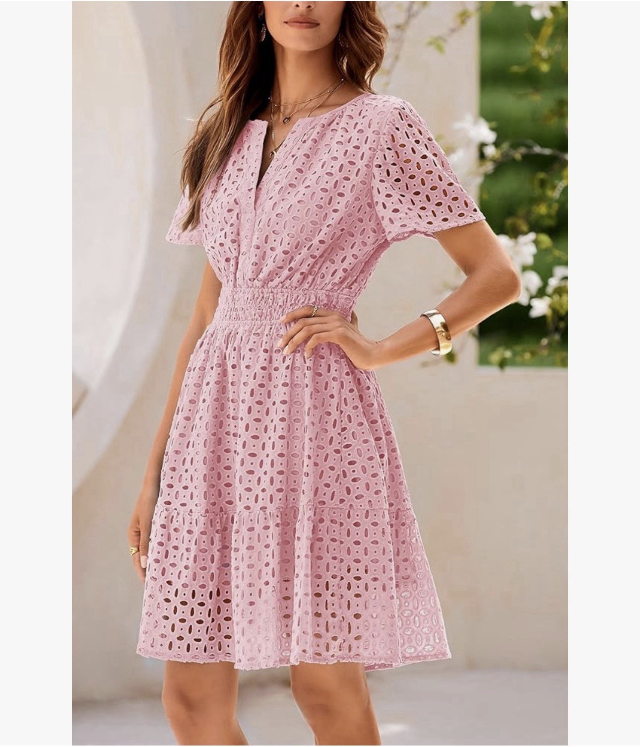 PrettyGarden Pink Eyelet Embroidered V-Neck Fit & Flare Lined Dress M