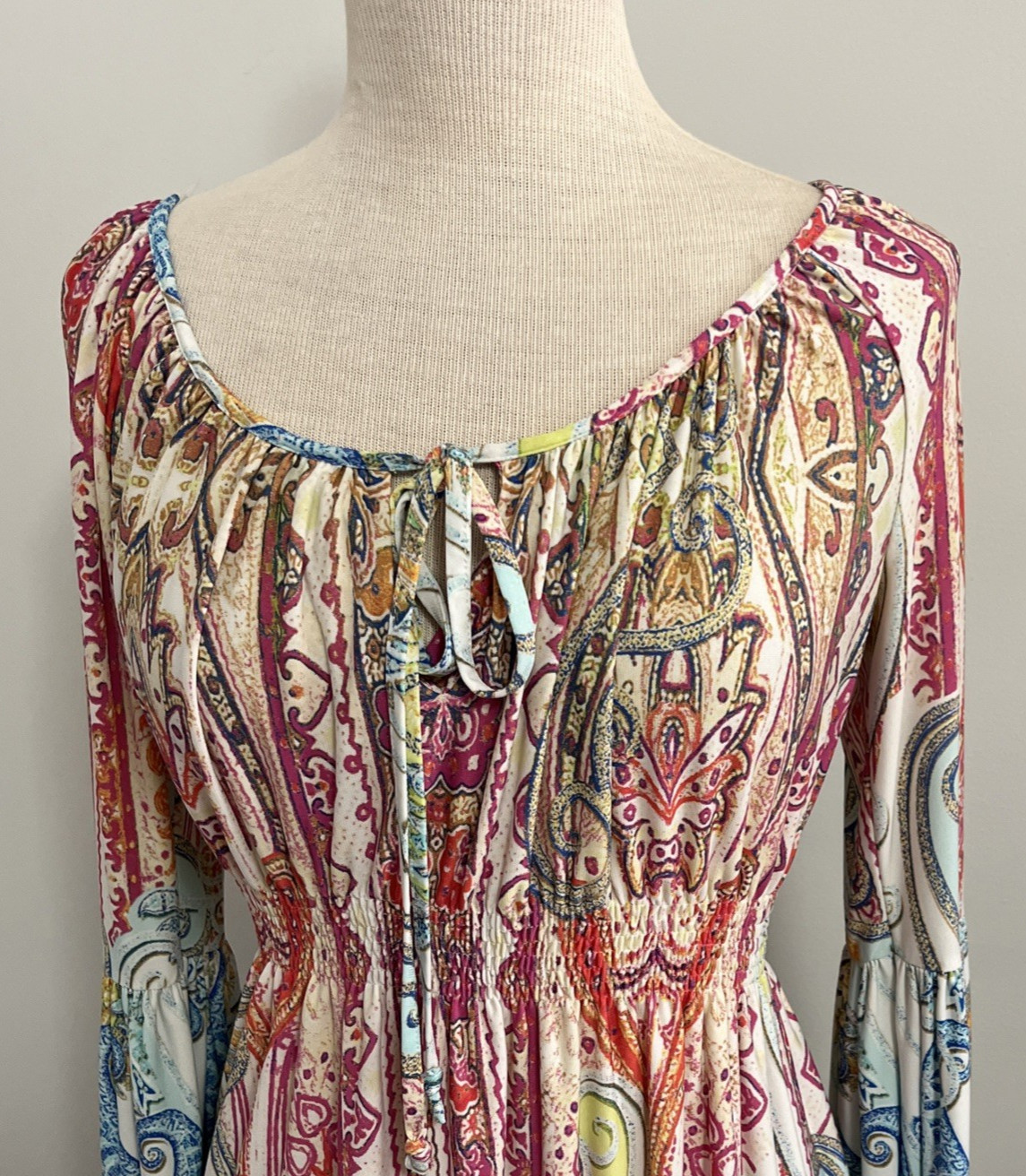 Boston Proper Rainbow Paisley Split Tie Neck Bell Sleeve Dress 10