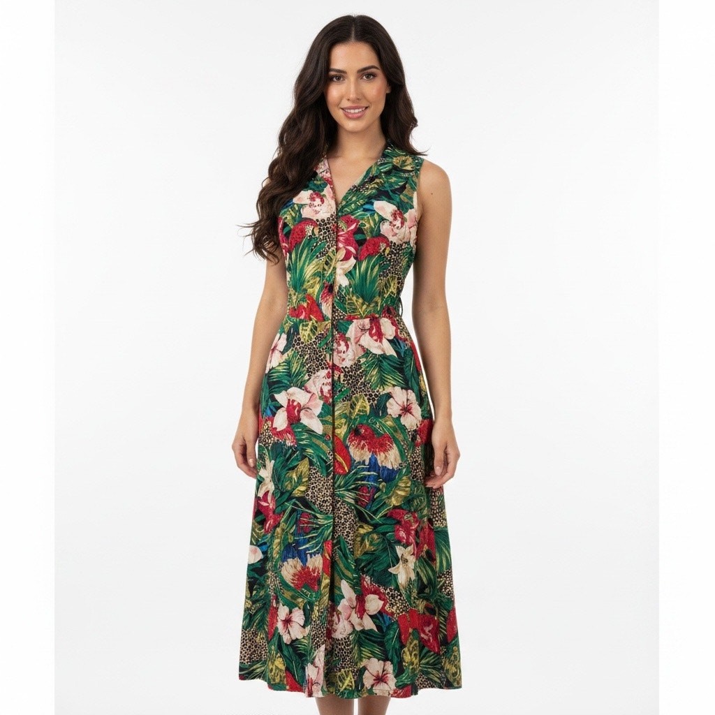 Vintage Carol Anderson Tropical Safari Midi Dress Parrot Leopard 6 Resort Jungle