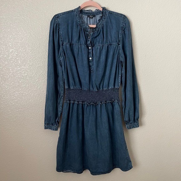 Rails Dress Womens Medium Dark Vintage Blue Shawna Mini Smocked Ruffle Denim