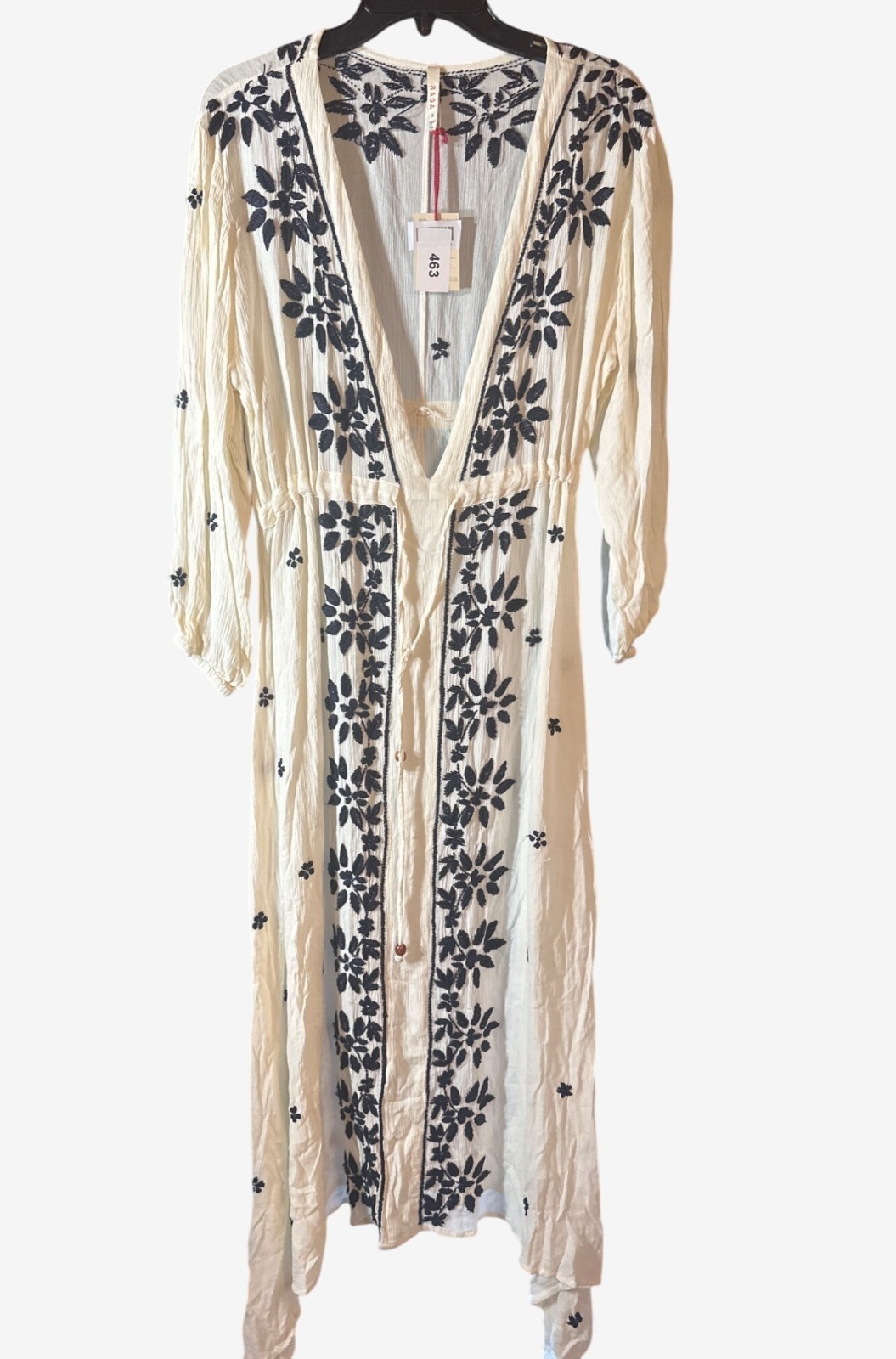 Anthro Raga Womens Embroidered Maxi Dress M/L White & Navy Boho Crinkle Fabric