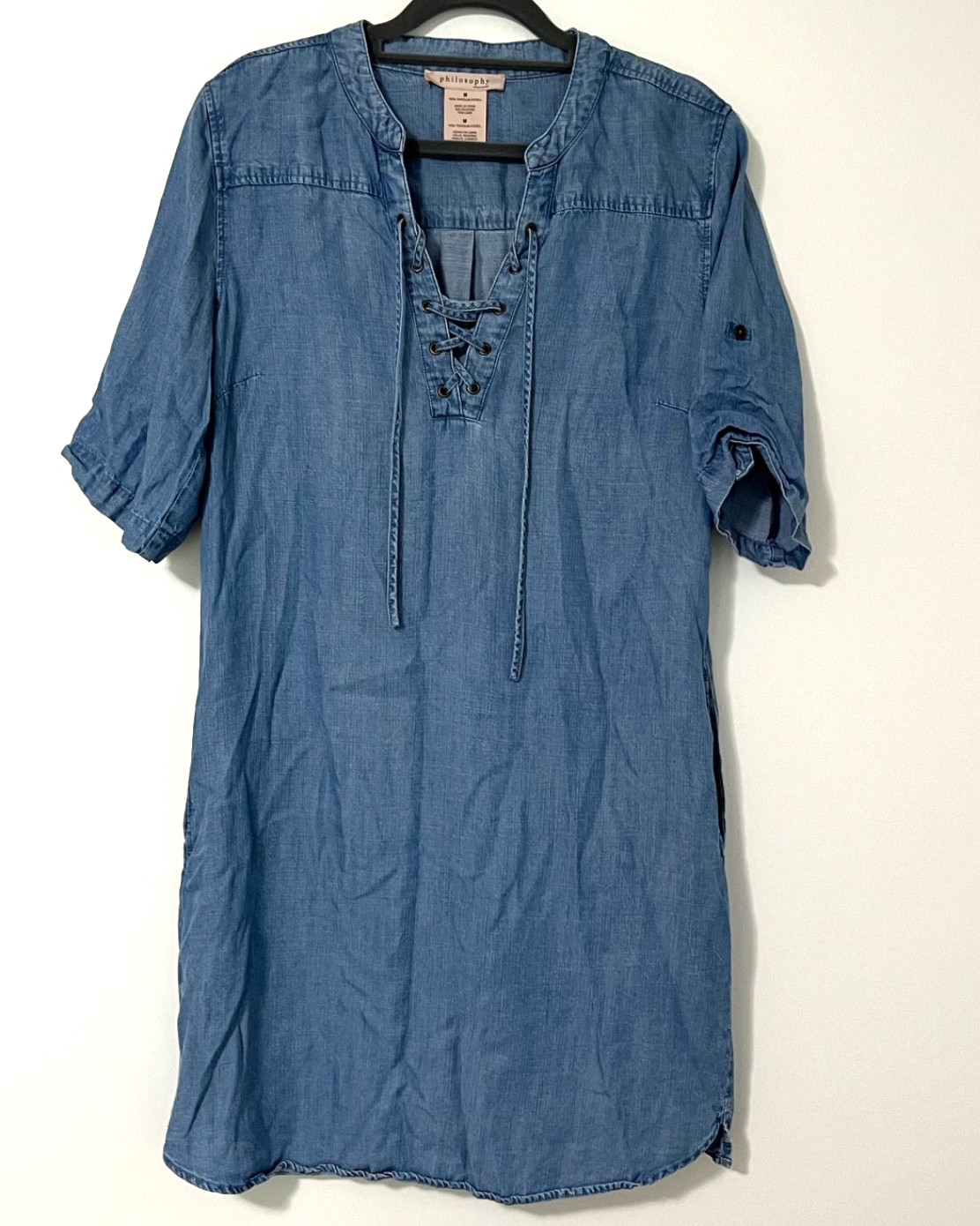 Philosophy Chambray Women’s Medium Shift Dress 100% Tencel Lace Up Pockets Boho