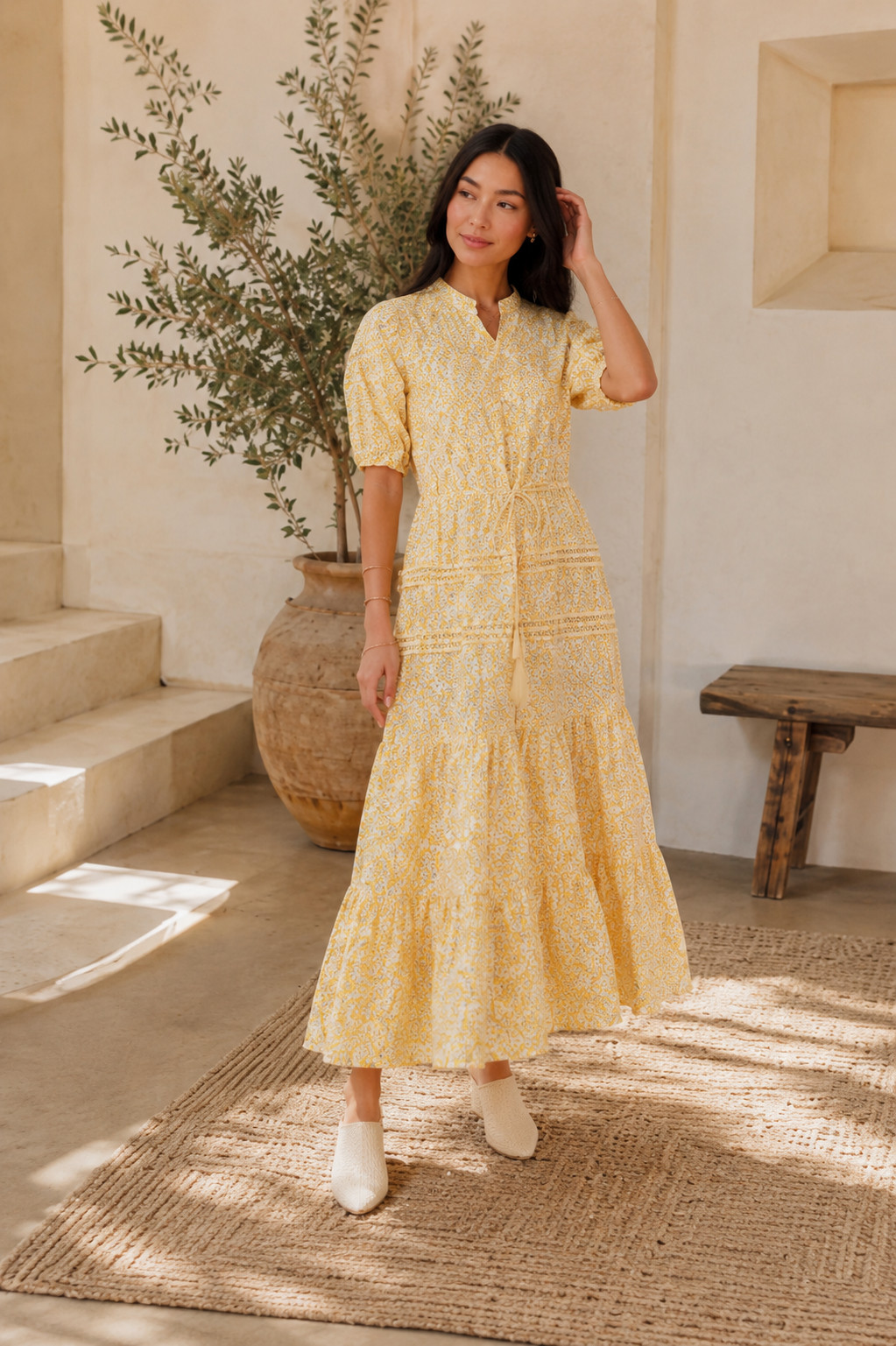 Sweet Salt Floral Maxi Dress Women 6 Yellow Puff Sleeve Tiered Cottagecore