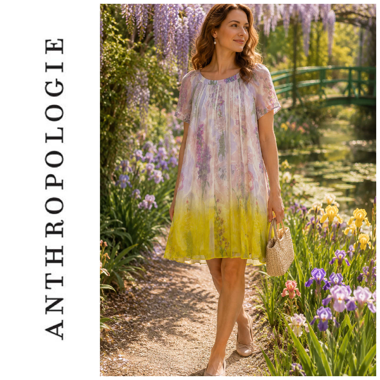 Anthropologie HD in Paris Chroma Swing Dress Sz 8 Floral Yellow Ombre Layered