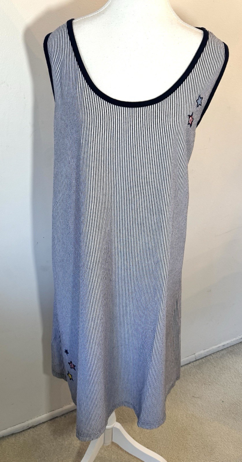 Vtg Blair Women’s XL Tank Shirt Dress Midi Striped Stars Sleeveless Navy & White
