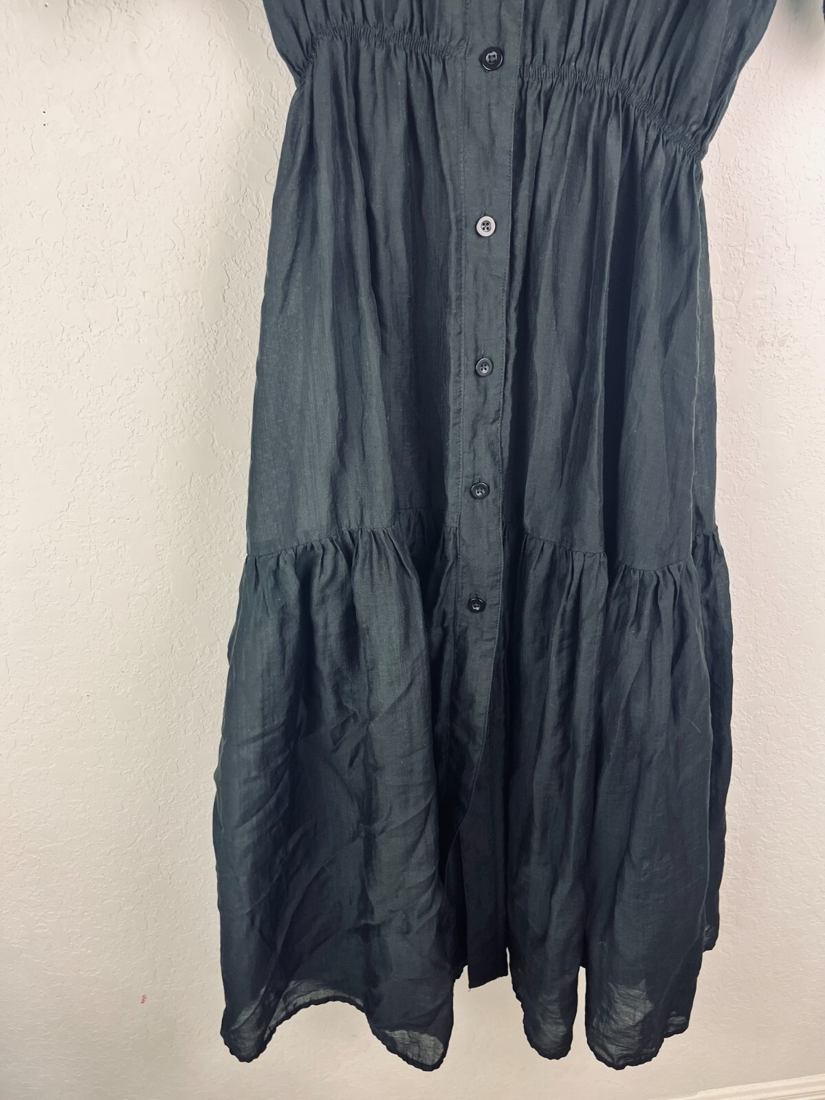 MOD REF S Black Button Front Midi Dress Puff Sleeve Tiered Lightweight Cottage
