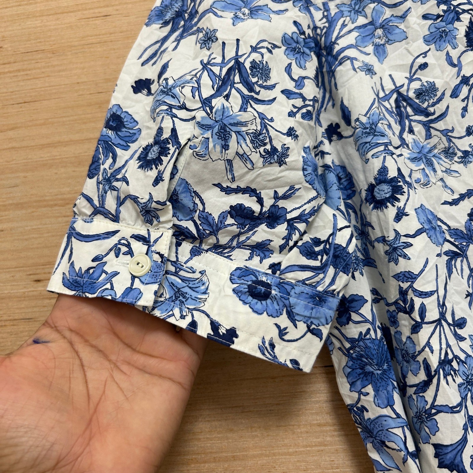 Talbots Womens Blue White Floral Button Front Tie Waist Shirt Dress Pockets L