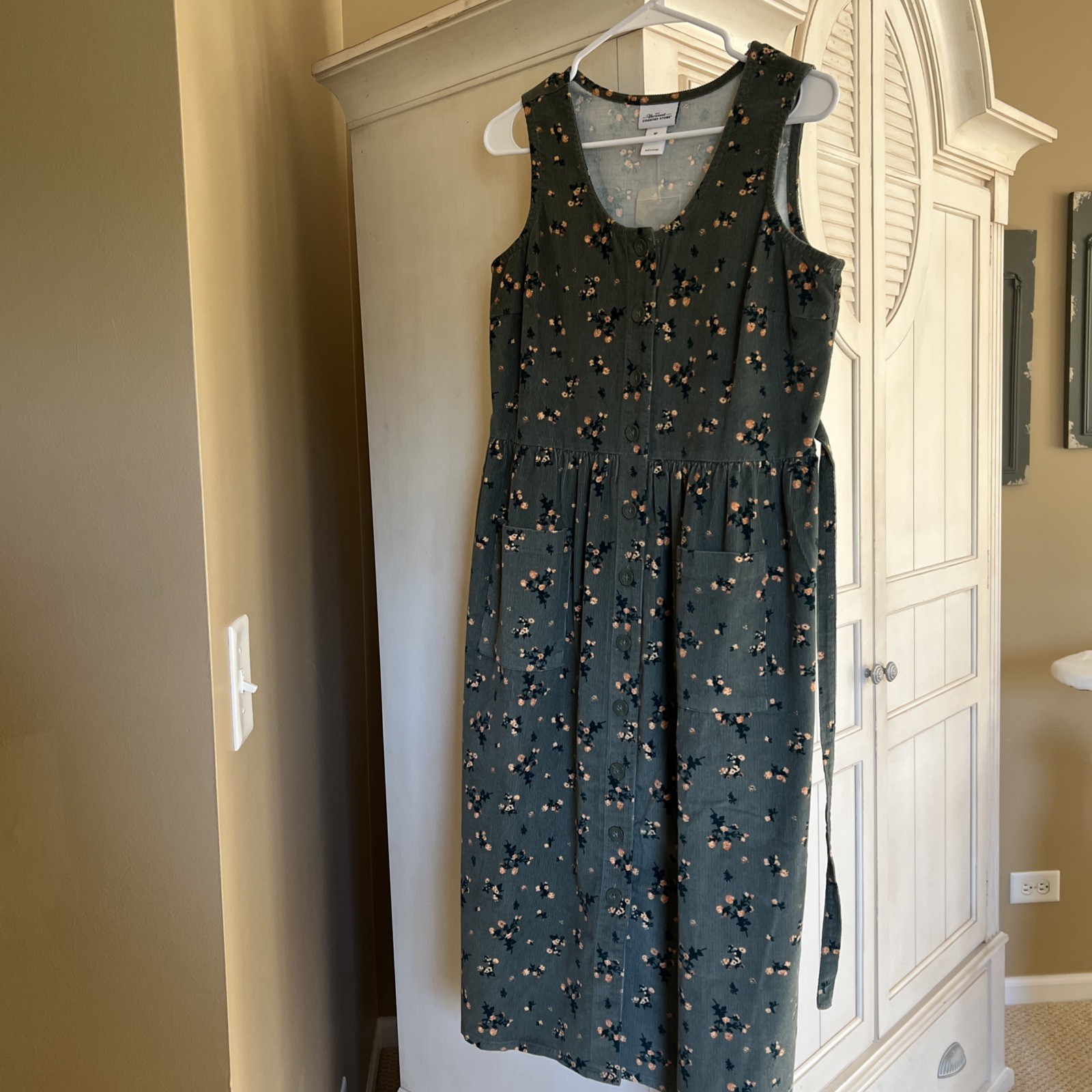 Vermont Country Store Corduroy Floral Button Jumper Dress Green Small/Petite NWT