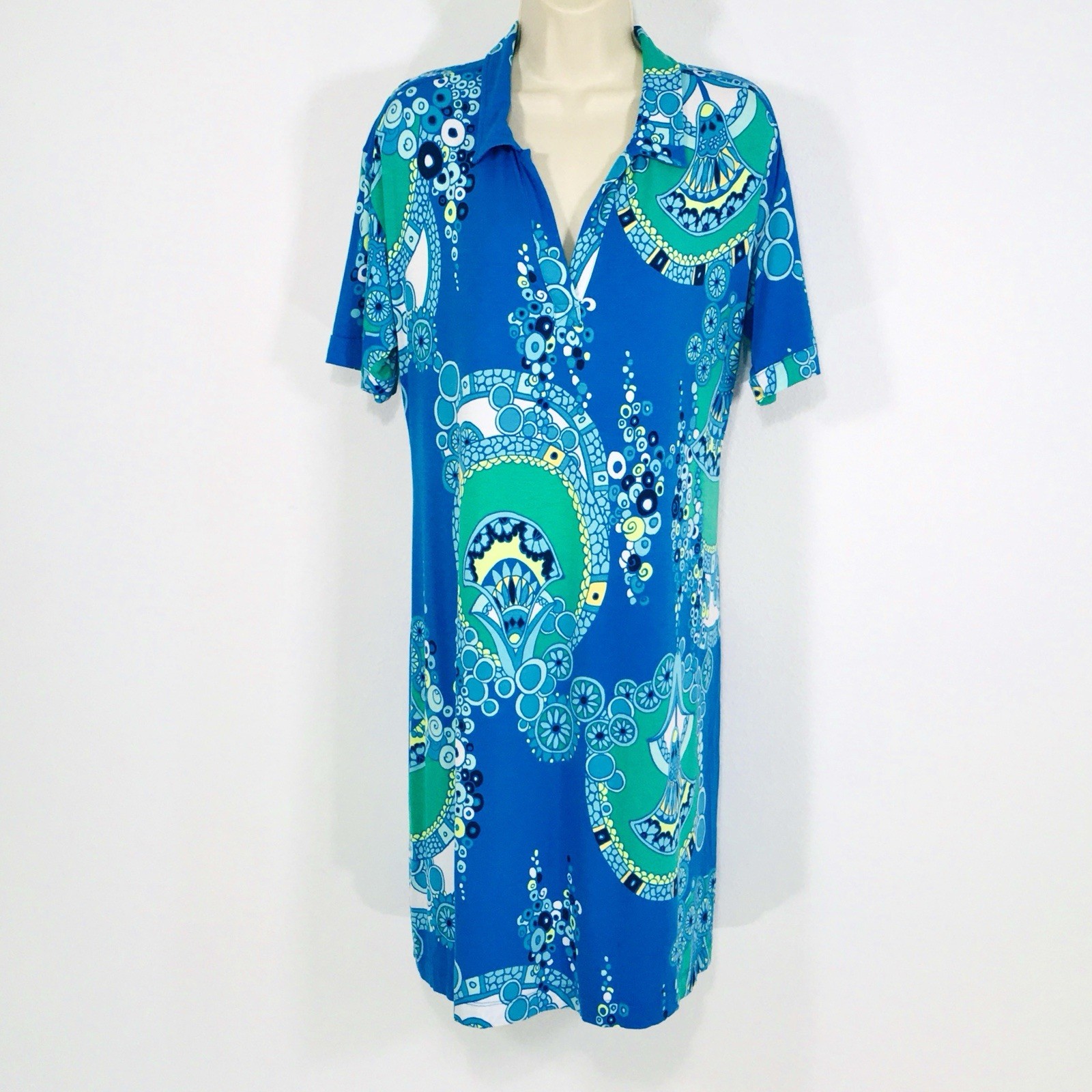 Tori Richard Polo Midi Dress Sz XL Teal Blue Print Hawaii Resort Coastal Beach