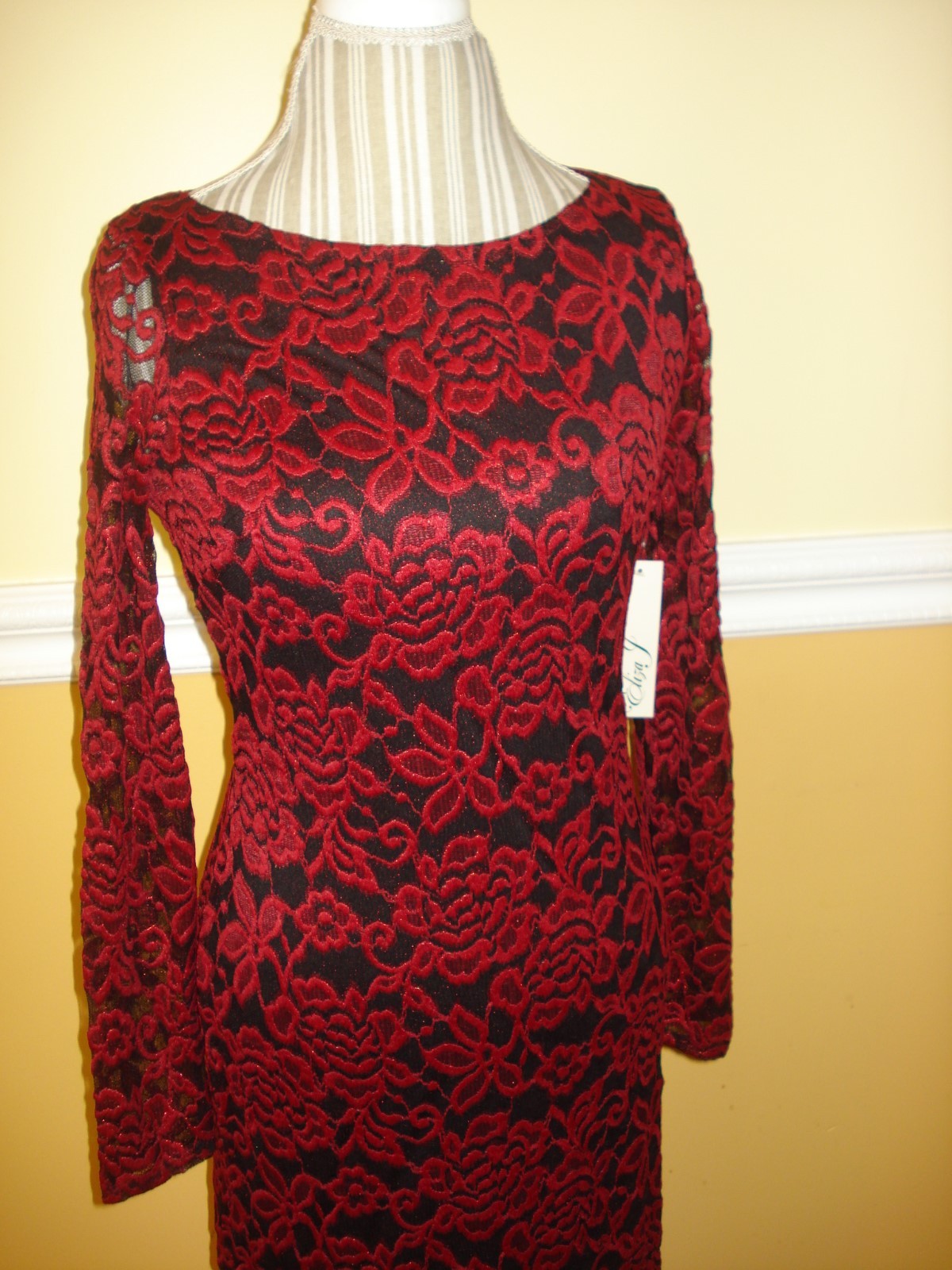 Eliza J Lace Long Sleeves Red/Black Cocktail Sheath Dress Sz 4,6,8,10,12,14,16