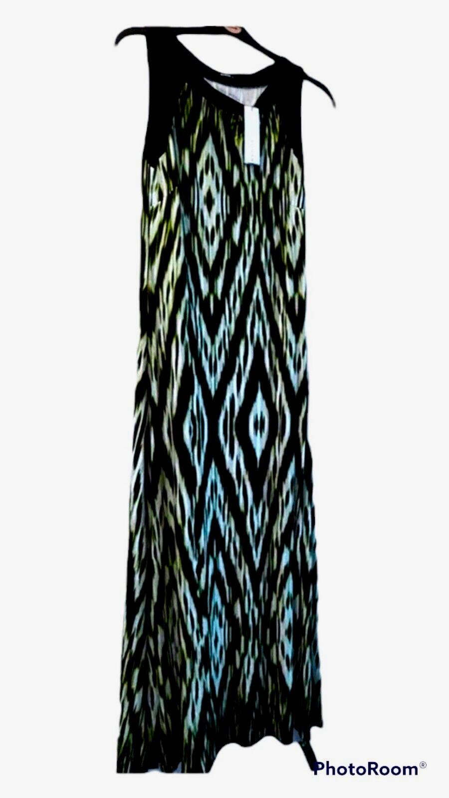 Roman sz 14 Border Print Maxi Dress, Shades of Blue, Black Border.Stunning Dress