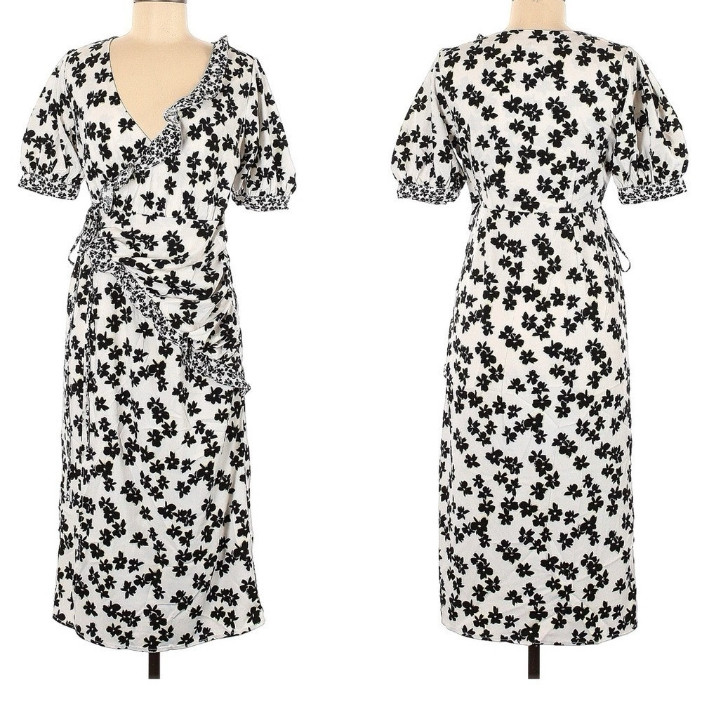 Love, Whit by Whitney Port V-Neck Black/White Floral Wrap Midi Dress Size Large