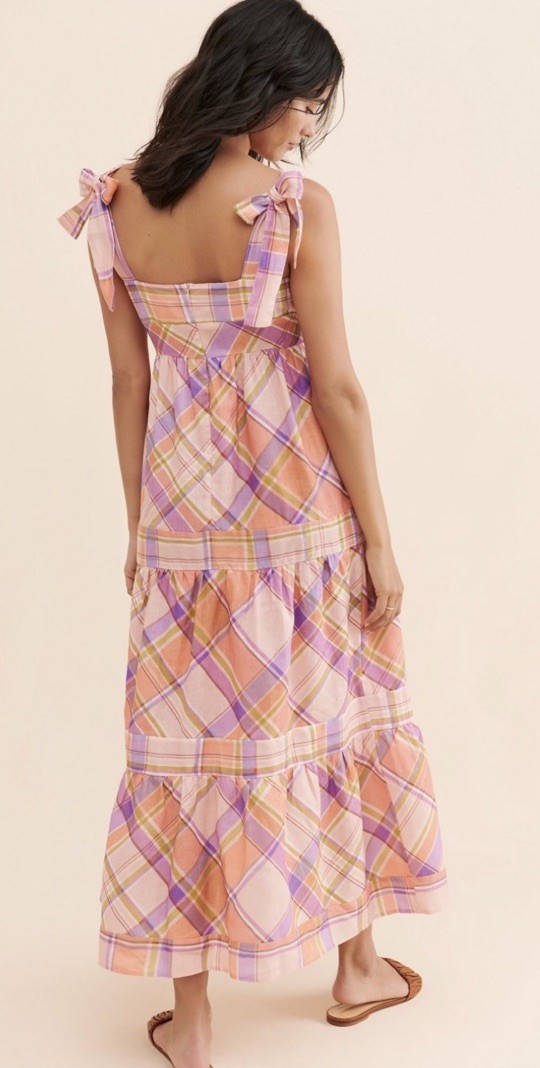 Anthropologie Kachel Tie Strap Linen Maxi Dress Pink Peach Purple Plaid Sz M