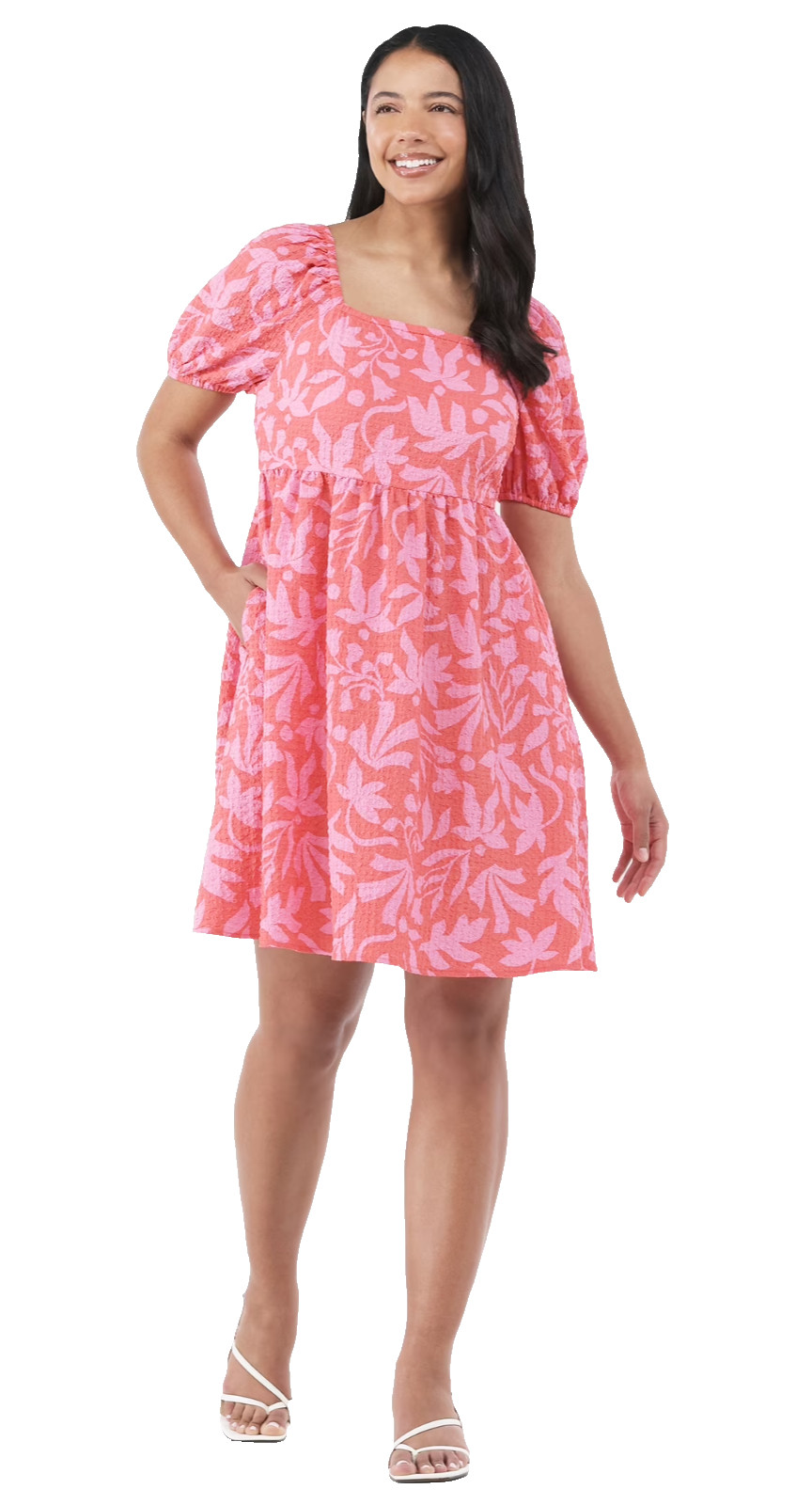 Time And Tru Puff Sleeve Mini Dress Coral Silk Side Pockets Size M8-10 NWT